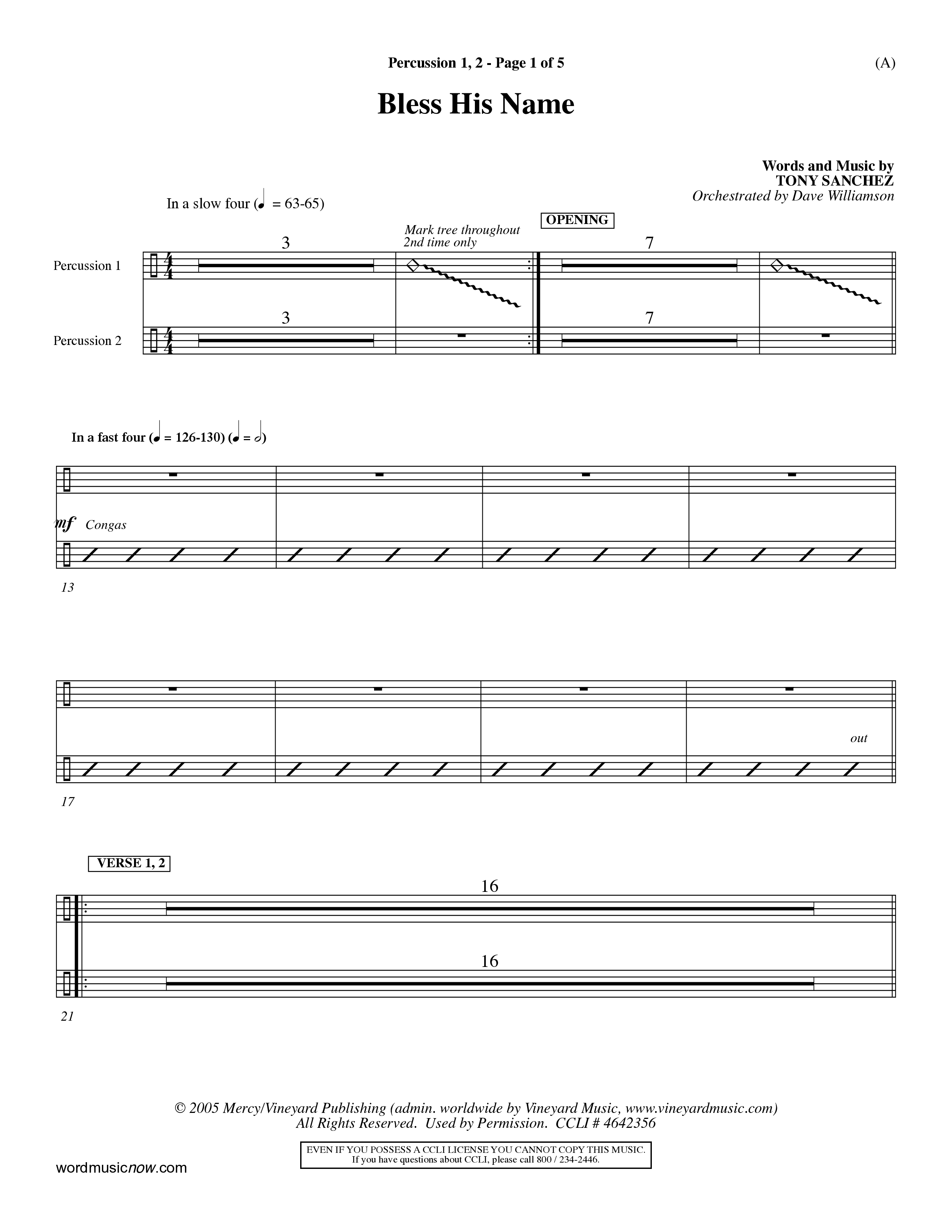 Bless His Name (Choral Anthem SATB) Percussion 1/2 (Word Music Choral / Orch. Dave Williamson)
