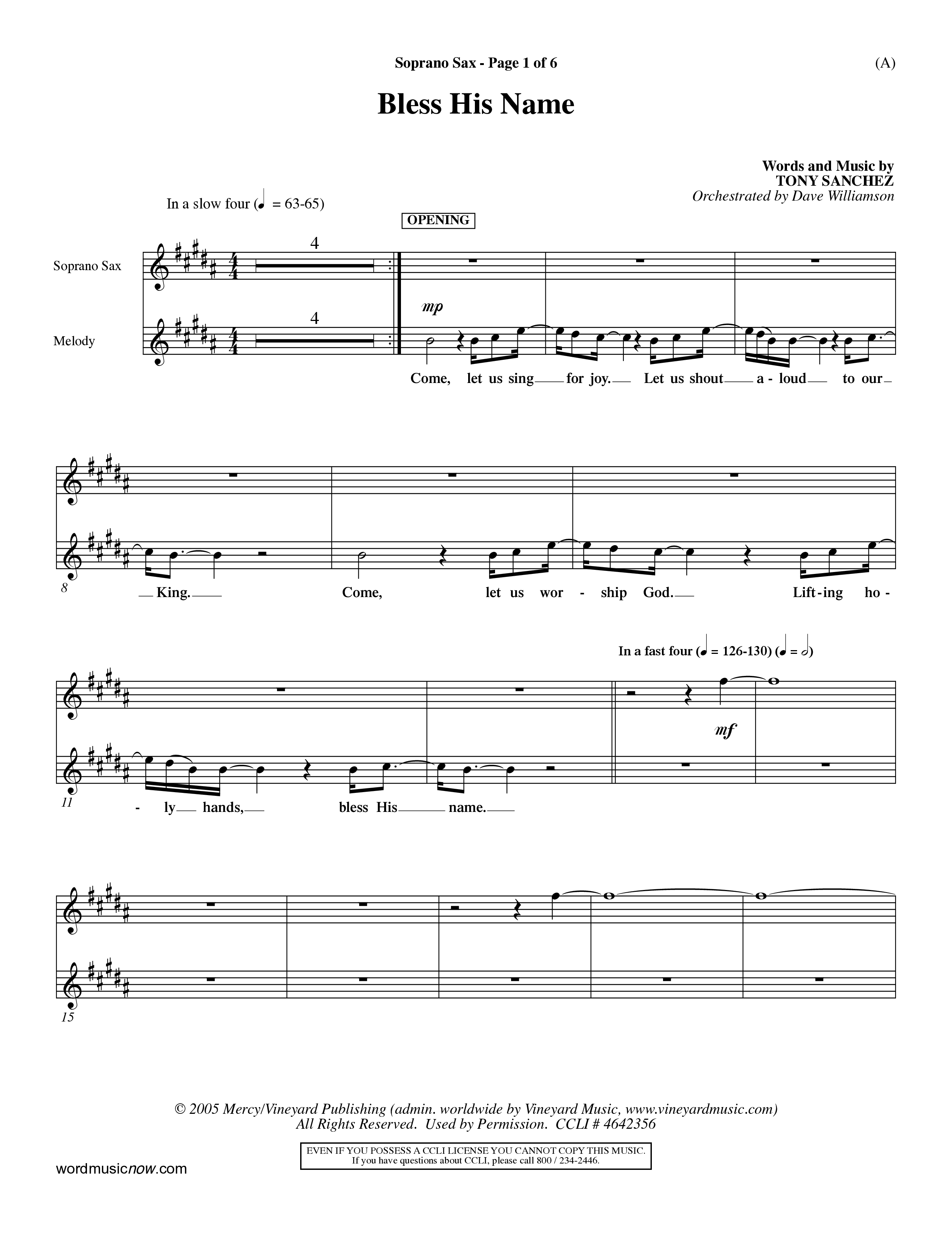 Bless His Name (Choral Anthem SATB) Saxophone (Word Music Choral / Orch. Dave Williamson)