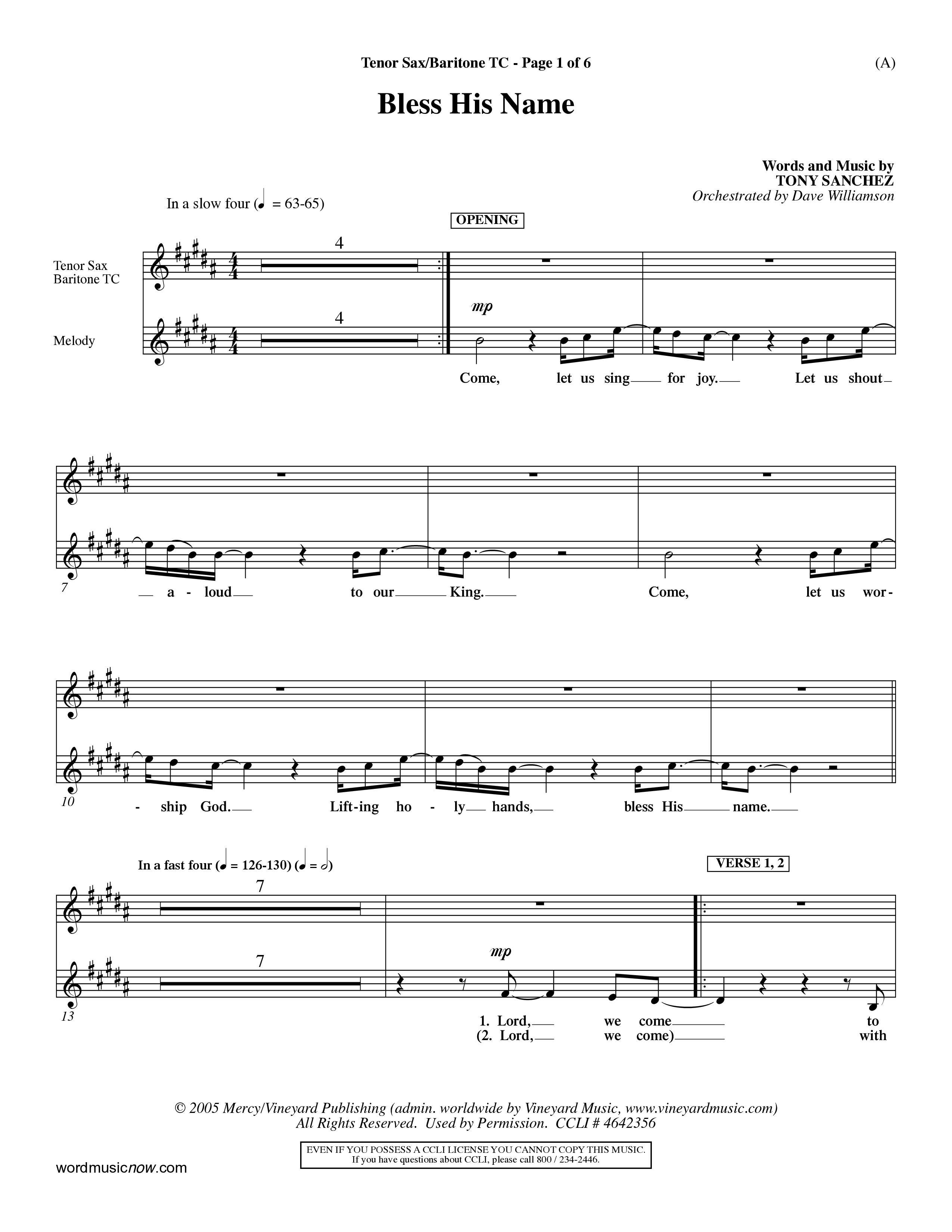 Bless His Name (Choral Anthem SATB) Tenor Sax/Baritone T.C. (Word Music Choral / Orch. Dave Williamson)