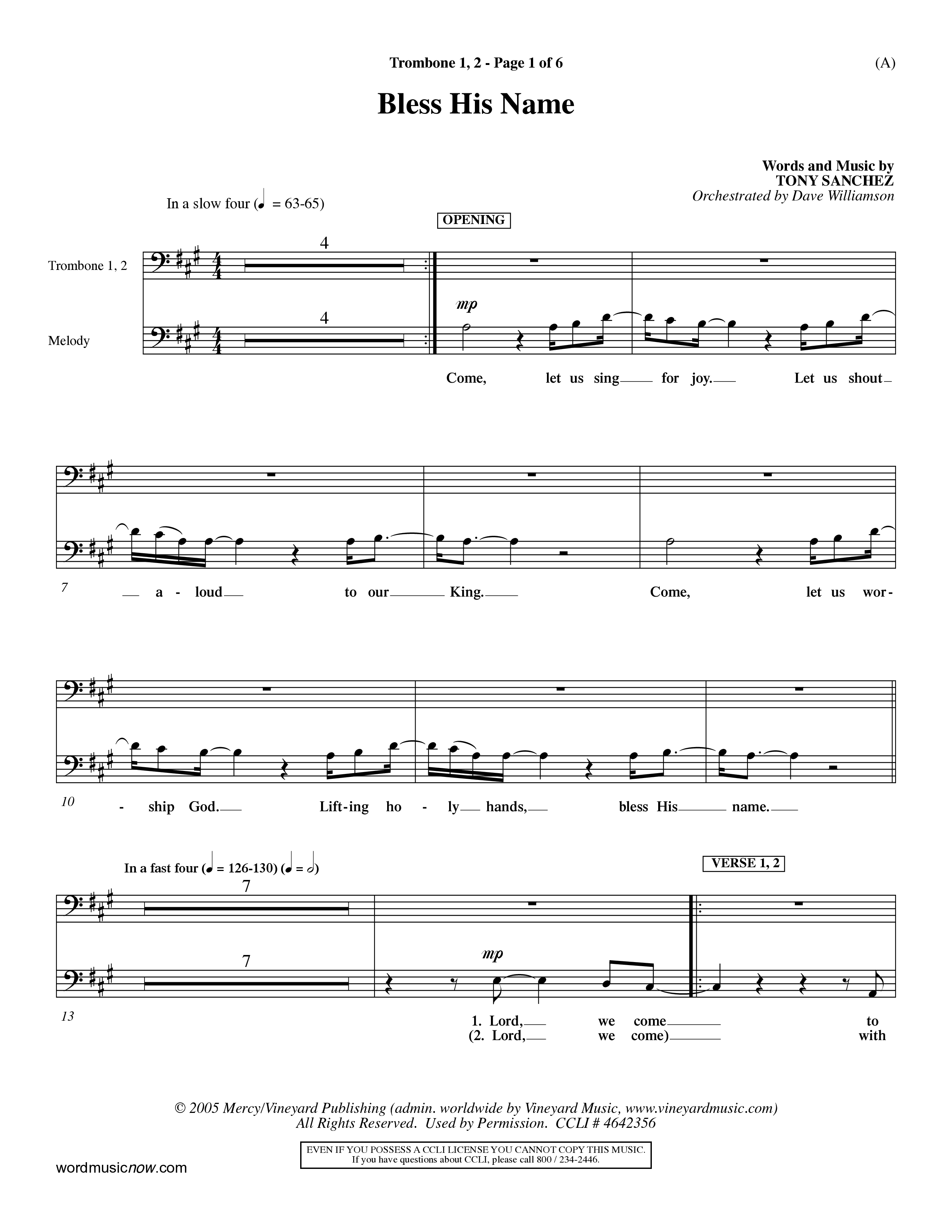 Bless His Name (Choral Anthem SATB) Trombone 1/2 (Word Music Choral / Orch. Dave Williamson)