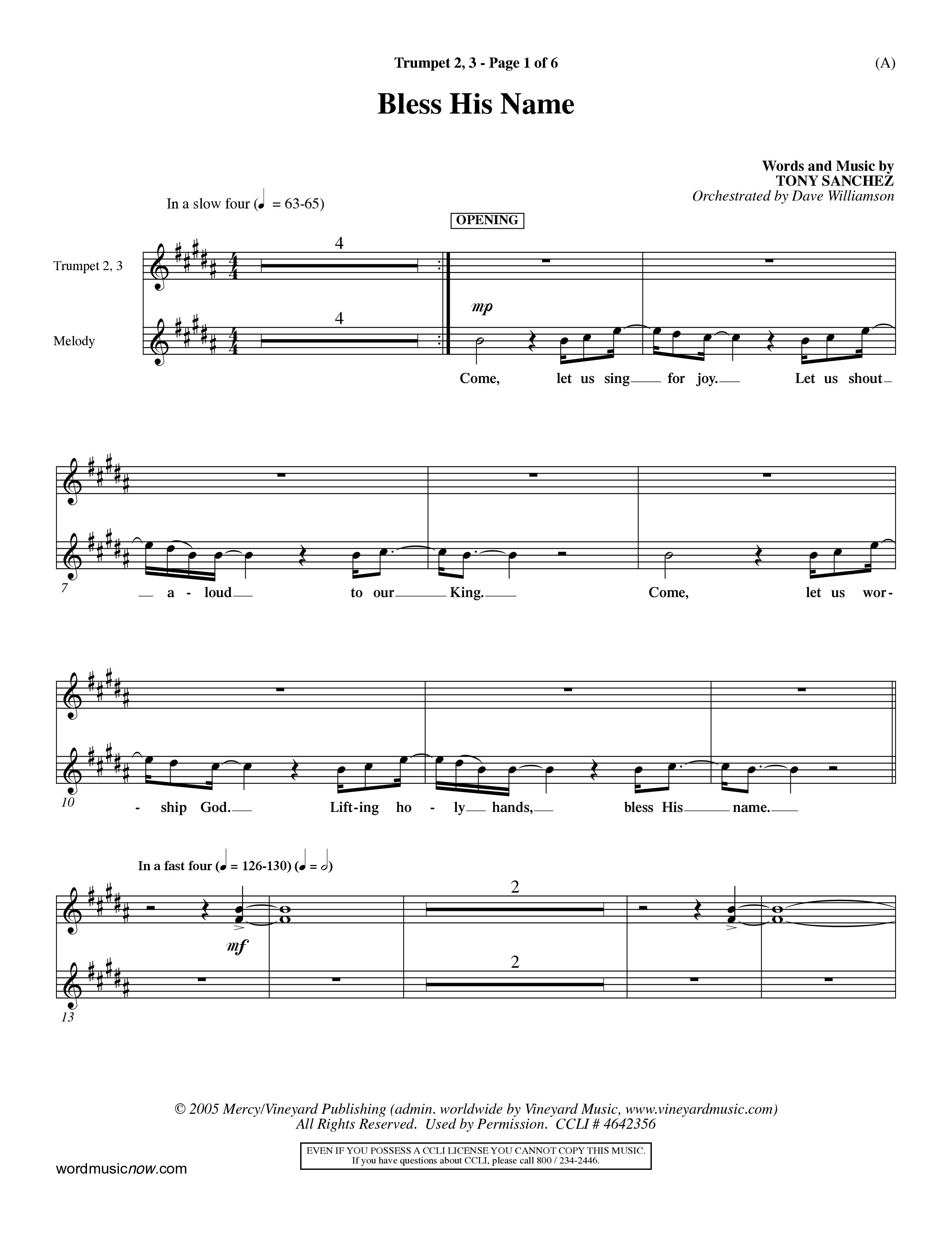 Bless His Name (Choral Anthem SATB) Trumpet 2/3 (Word Music Choral / Orch. Dave Williamson)