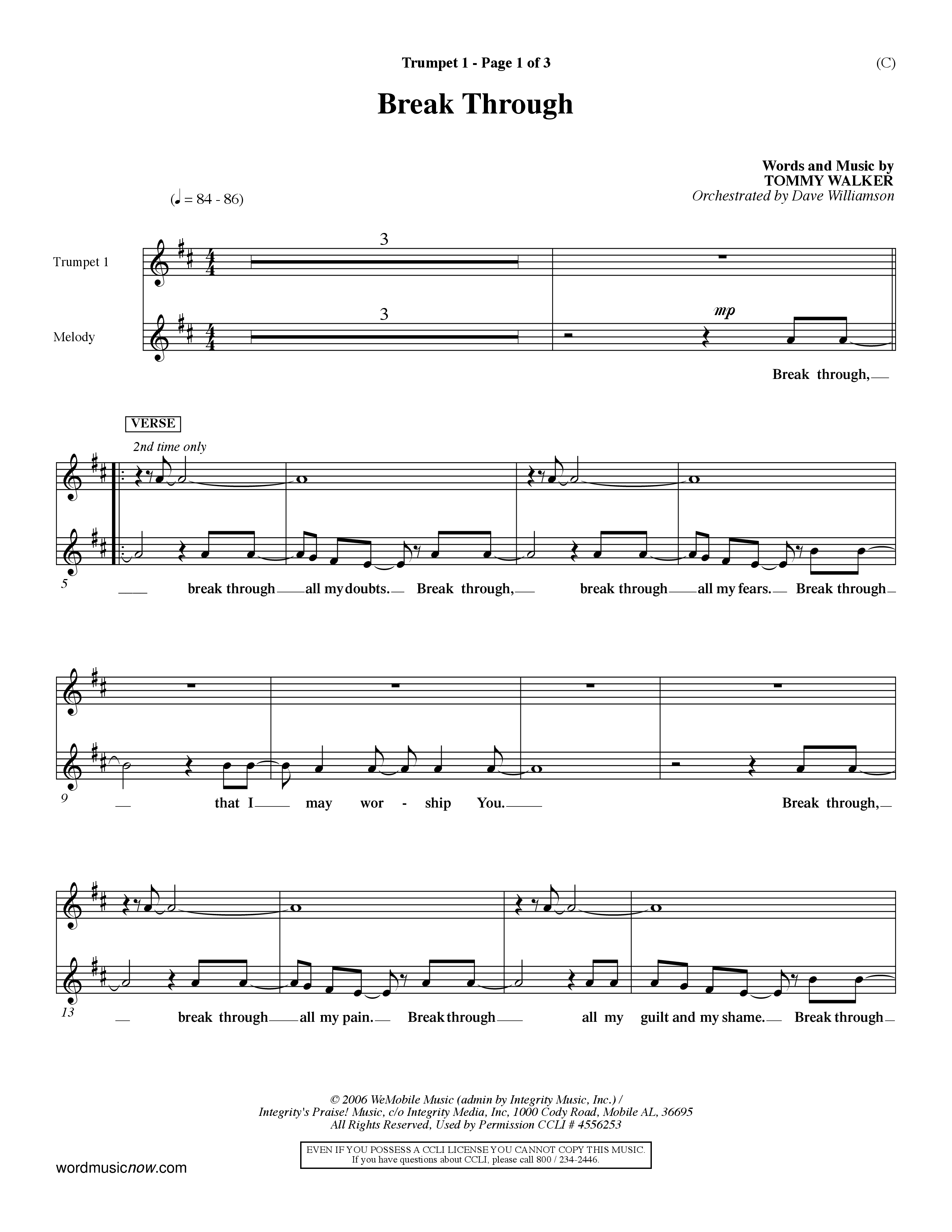 Break Through (Choral Anthem SATB) Trumpet 1 (Word Music Choral / Orch. Dave Williamson)