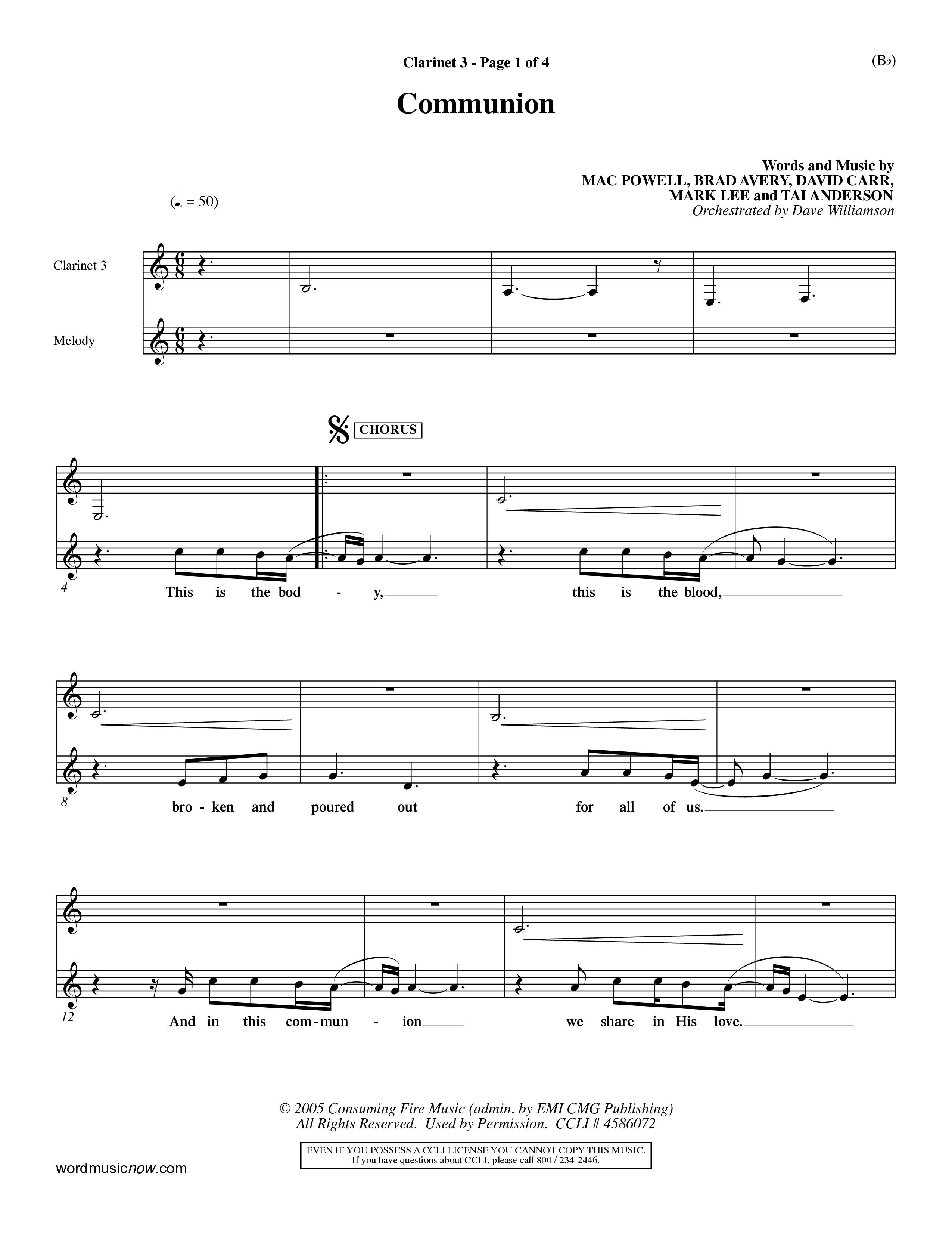 Communion (Choral Anthem) Clarinet 3 (Word Music Choral / Orch. Dave Williamson)