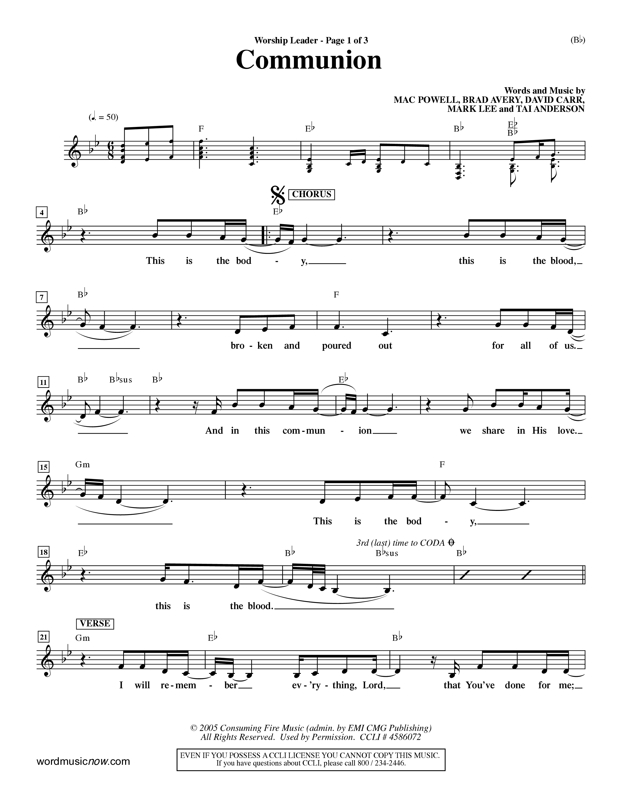 Communion (Choral Anthem) Lead Sheet (Mel) (Word Music Choral / Orch. Dave Williamson)