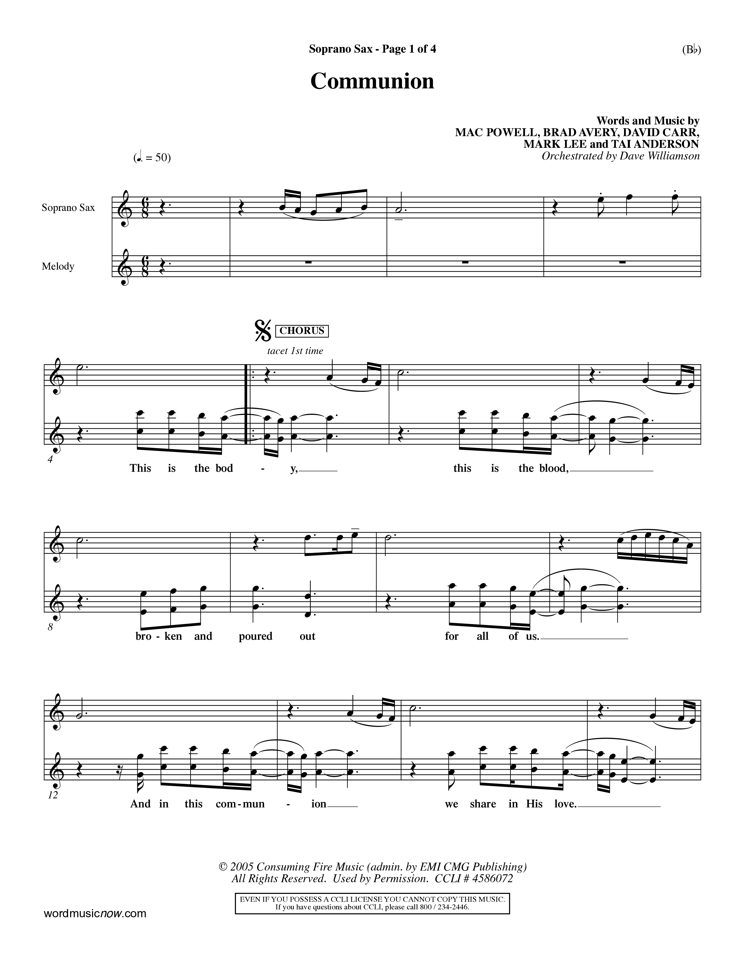 Communion (Choral Anthem) Saxophone (Word Music Choral / Orch. Dave Williamson)