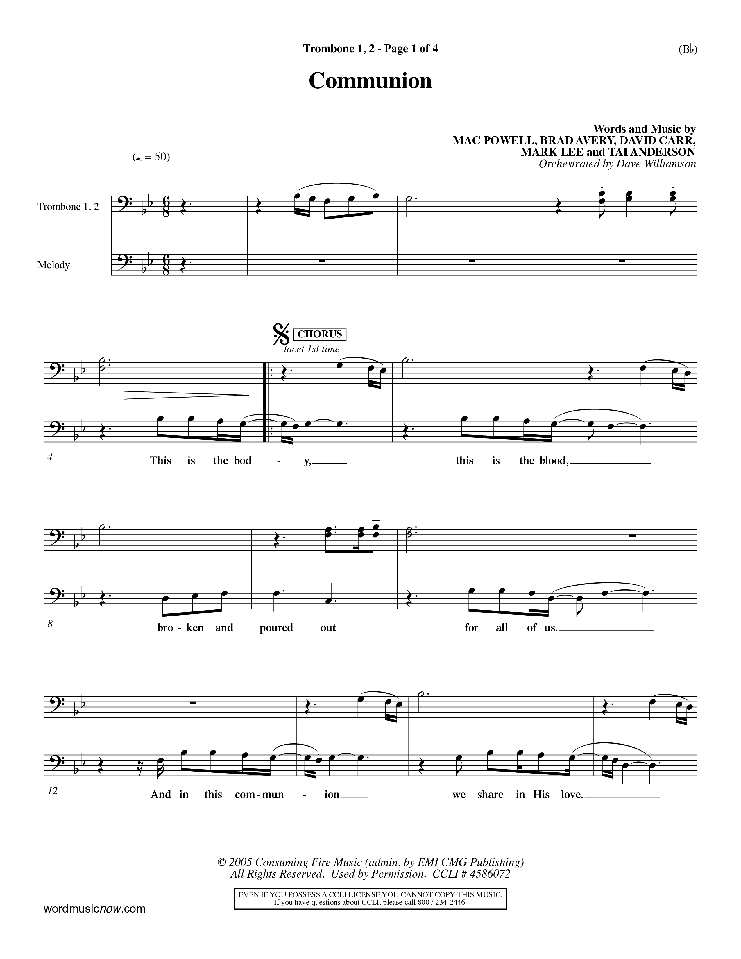 Communion (Choral Anthem) Trombone 1/2 (Word Music Choral / Orch. Dave Williamson)