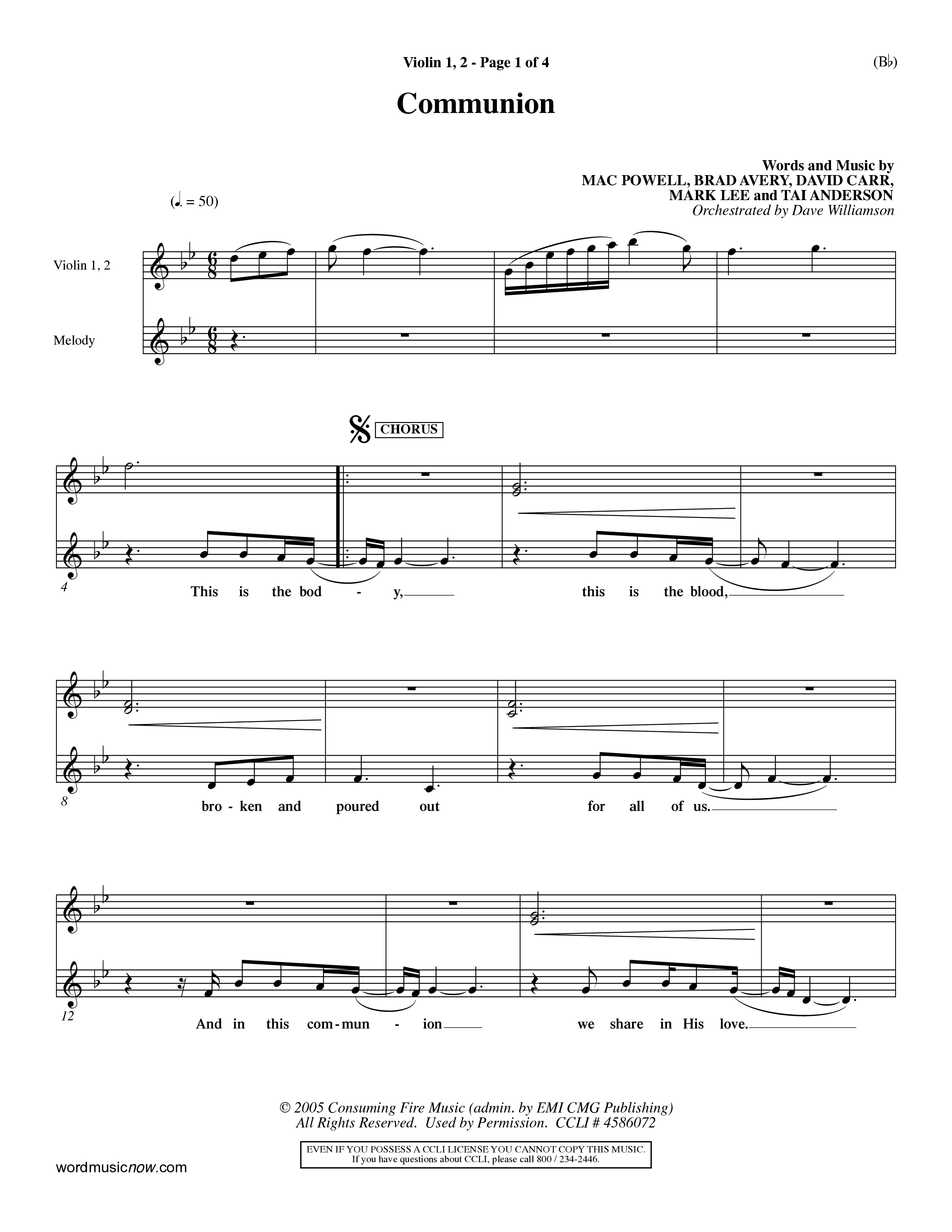 Communion (Choral Anthem) Violin 1/2 (Word Music Choral / Orch. Dave Williamson)