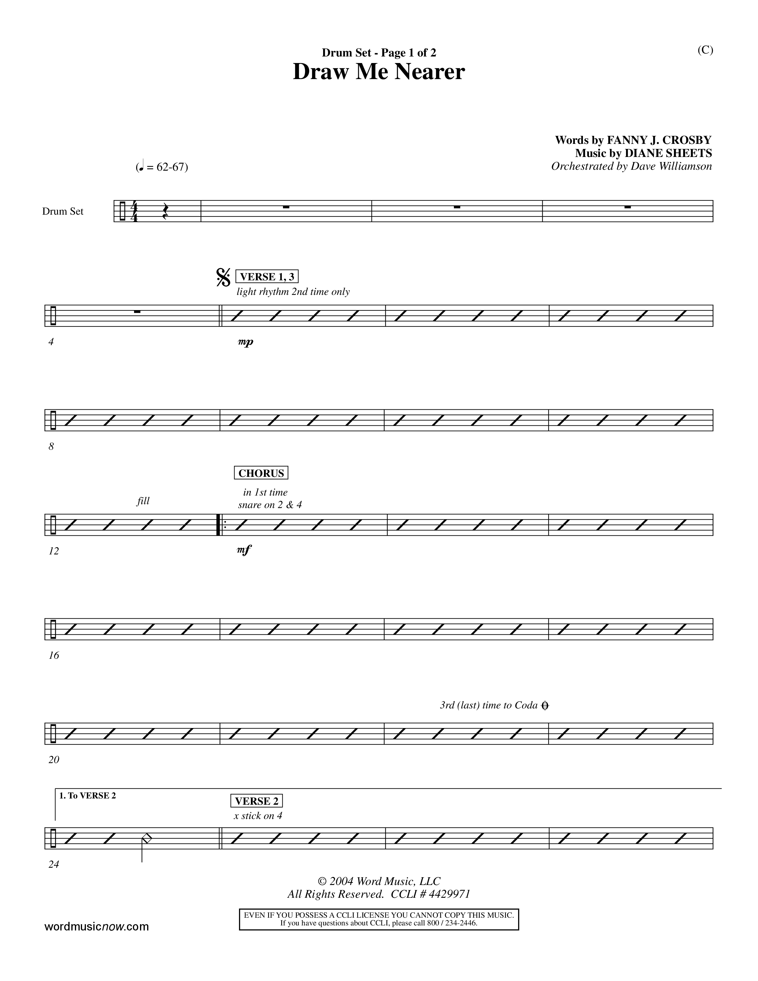 Draw Me Nearer (Choral Anthem SATB) Drum Set (Word Music Choral / Orch. Dave Williamson)