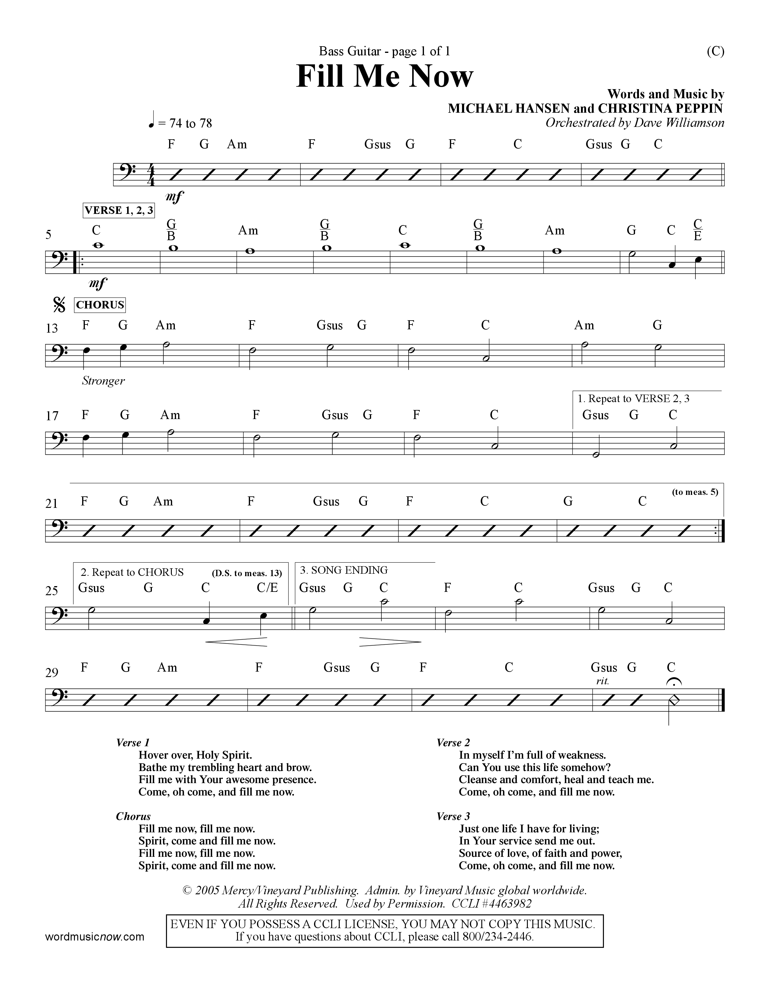 Fill Me Now (Choral Anthem SATB) Bass Guitar (Word Music Choral / Orch. Dave Williamson)
