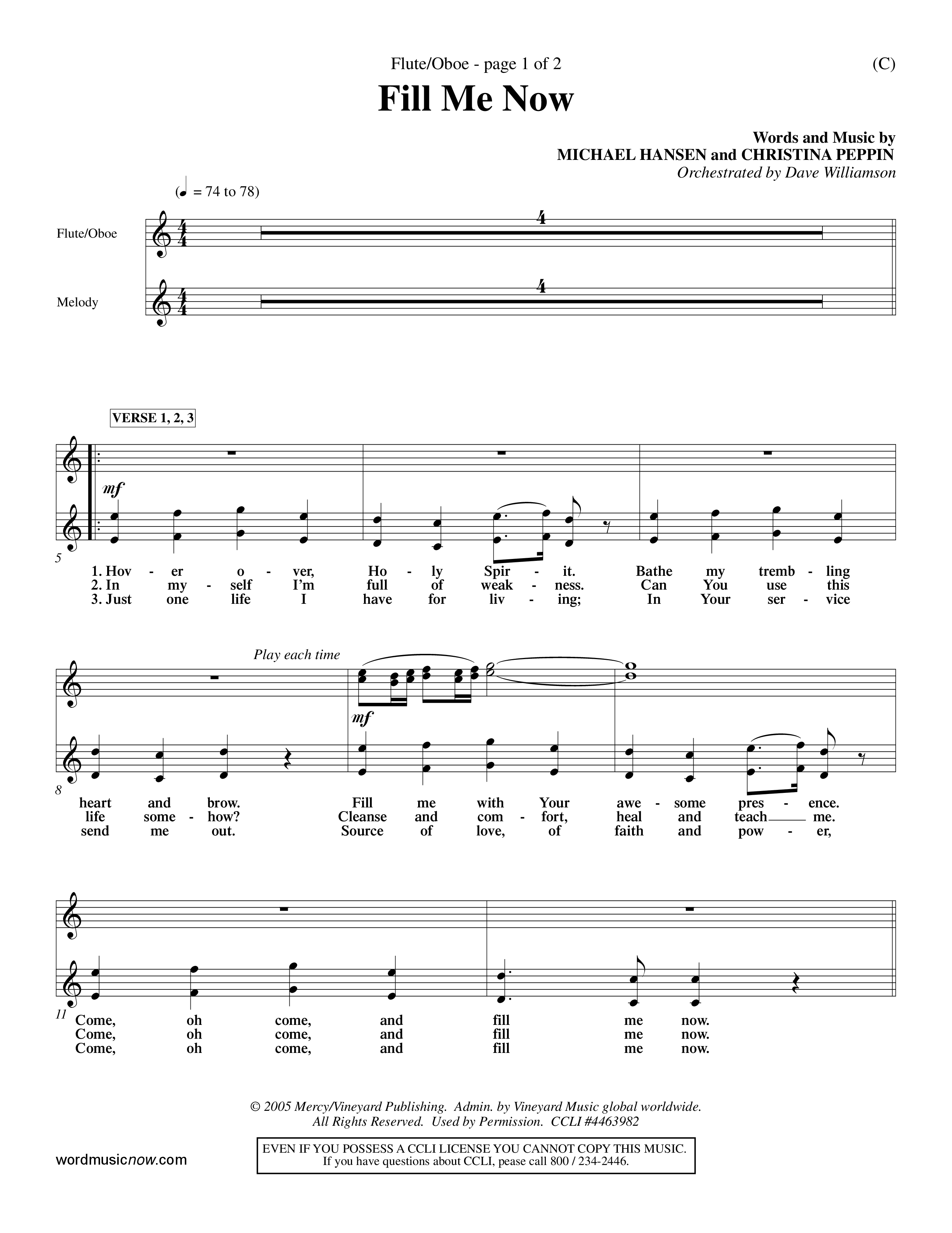 Fill Me Now (Choral Anthem SATB) Flute/Oboe (Word Music Choral / Orch. Dave Williamson)