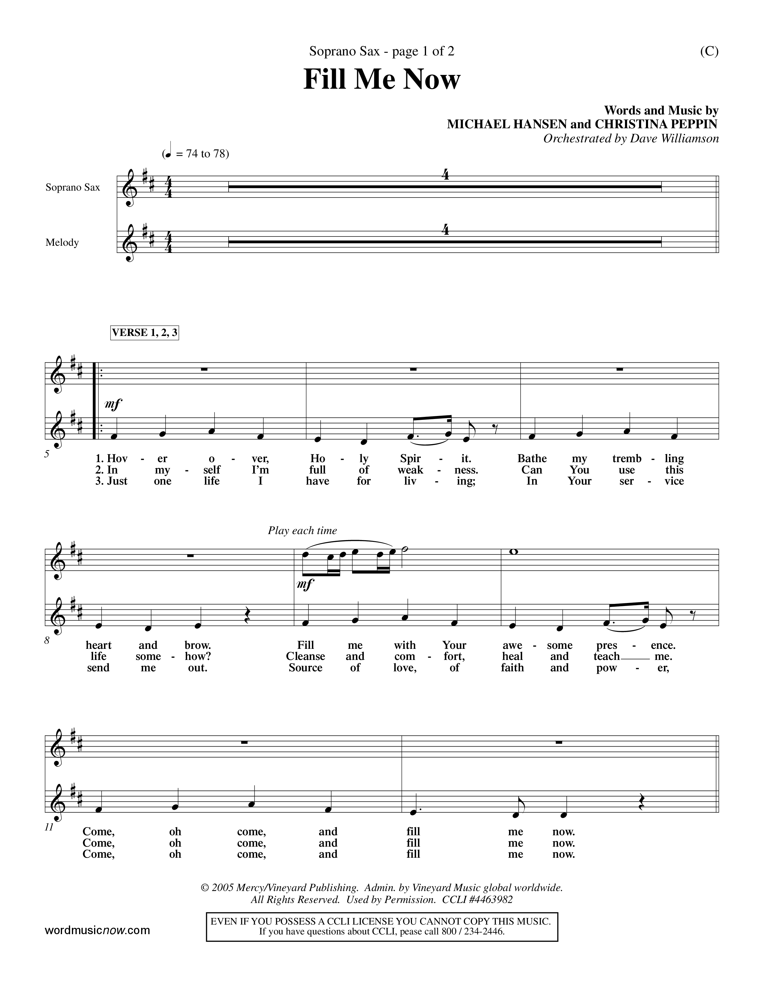 Fill Me Now (Choral Anthem SATB) Saxophone (Word Music Choral / Orch. Dave Williamson)