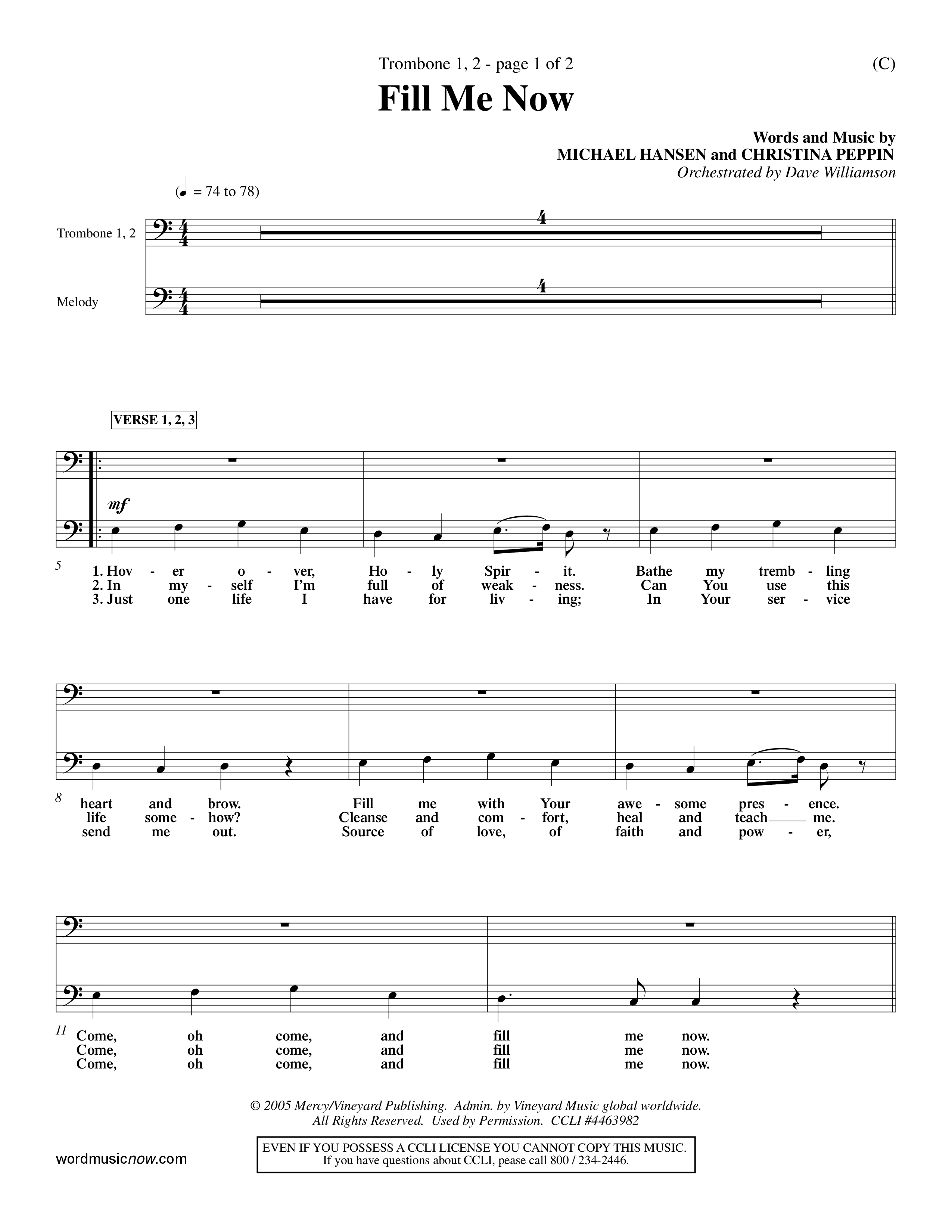 Fill Me Now (Choral Anthem SATB) Trombone 1/2 (Word Music Choral / Orch. Dave Williamson)