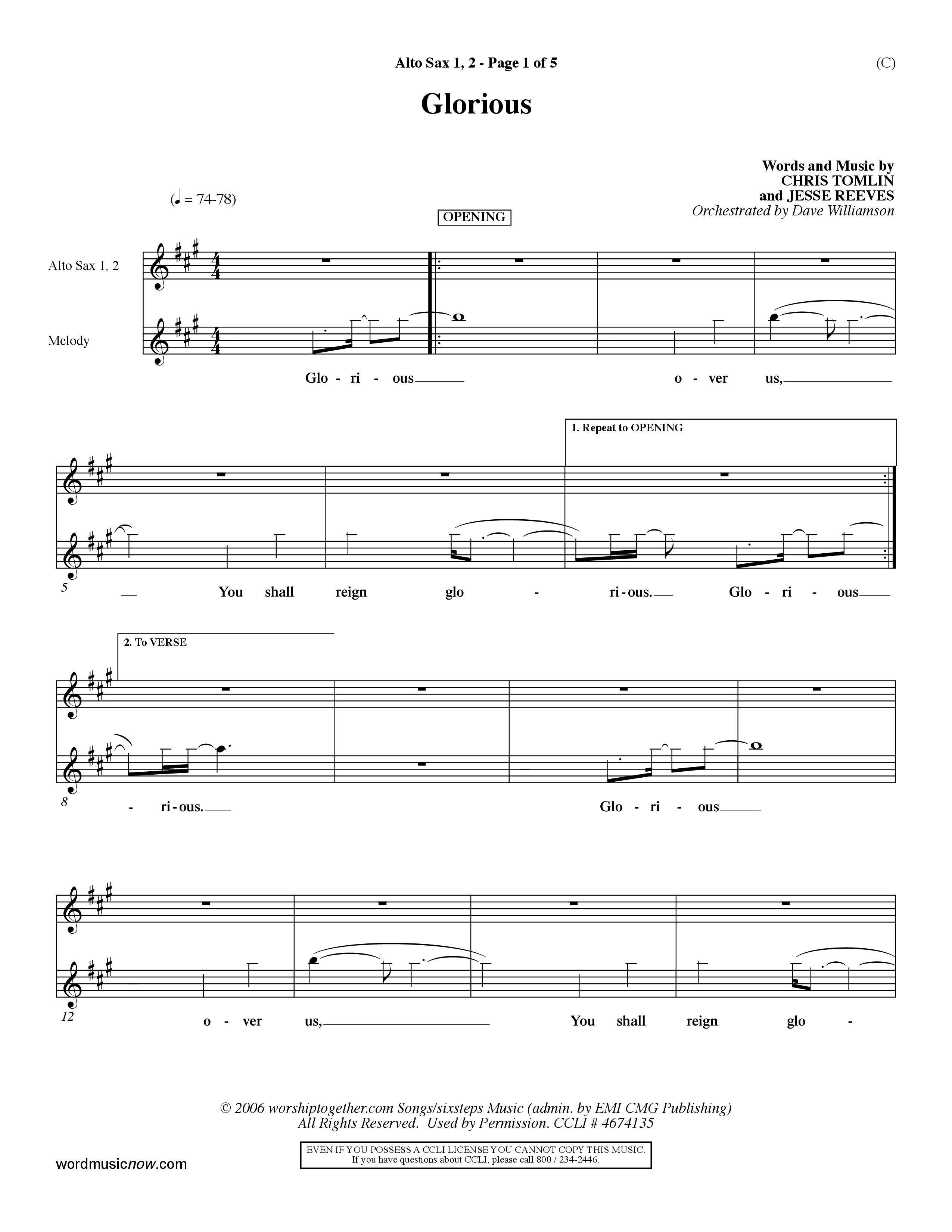 Glorious (Choral Anthem SATB) Alto Sax 1/2 (Word Music Choral / Orch. Dave Williamson)