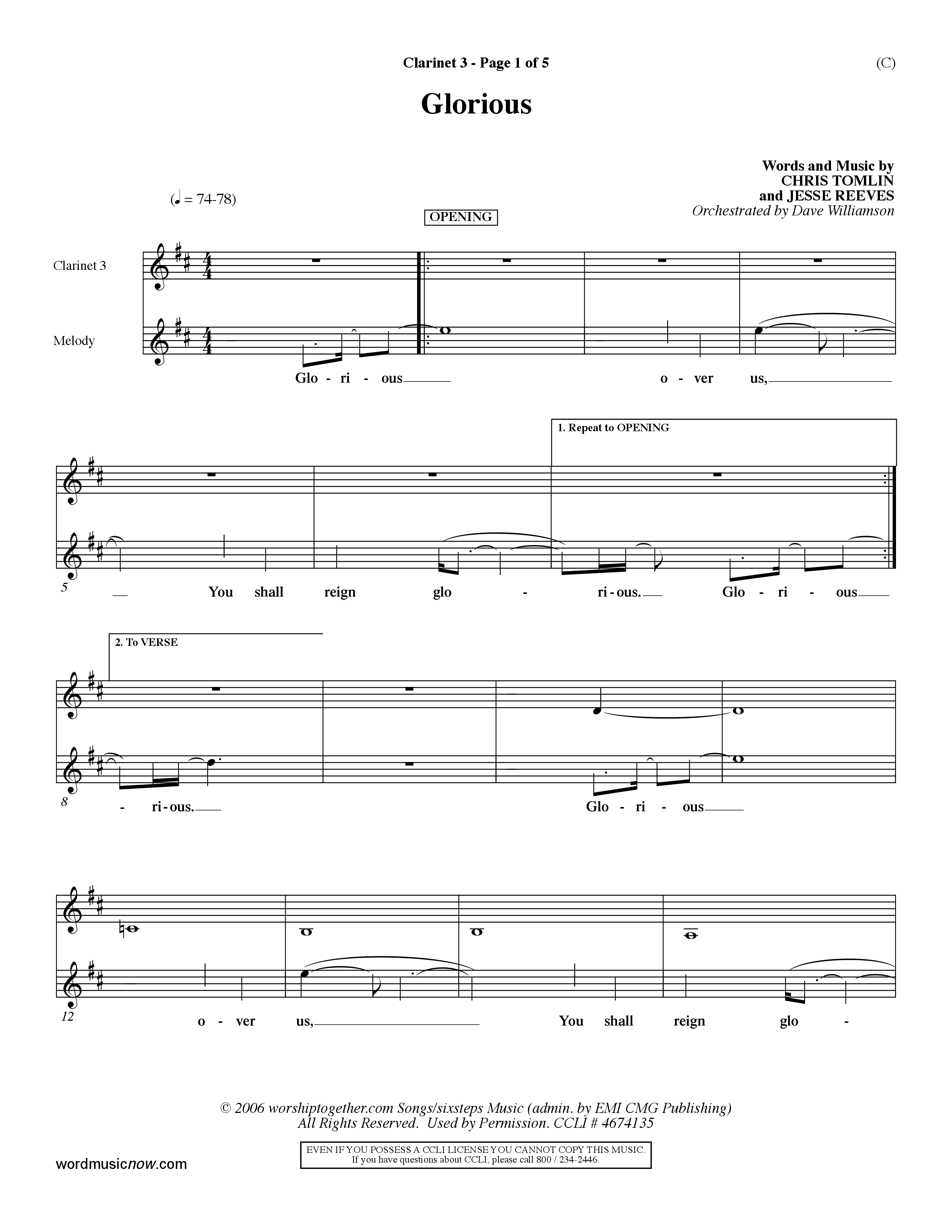 Glorious (Choral Anthem SATB) Clarinet 3 (Word Music Choral / Orch. Dave Williamson)