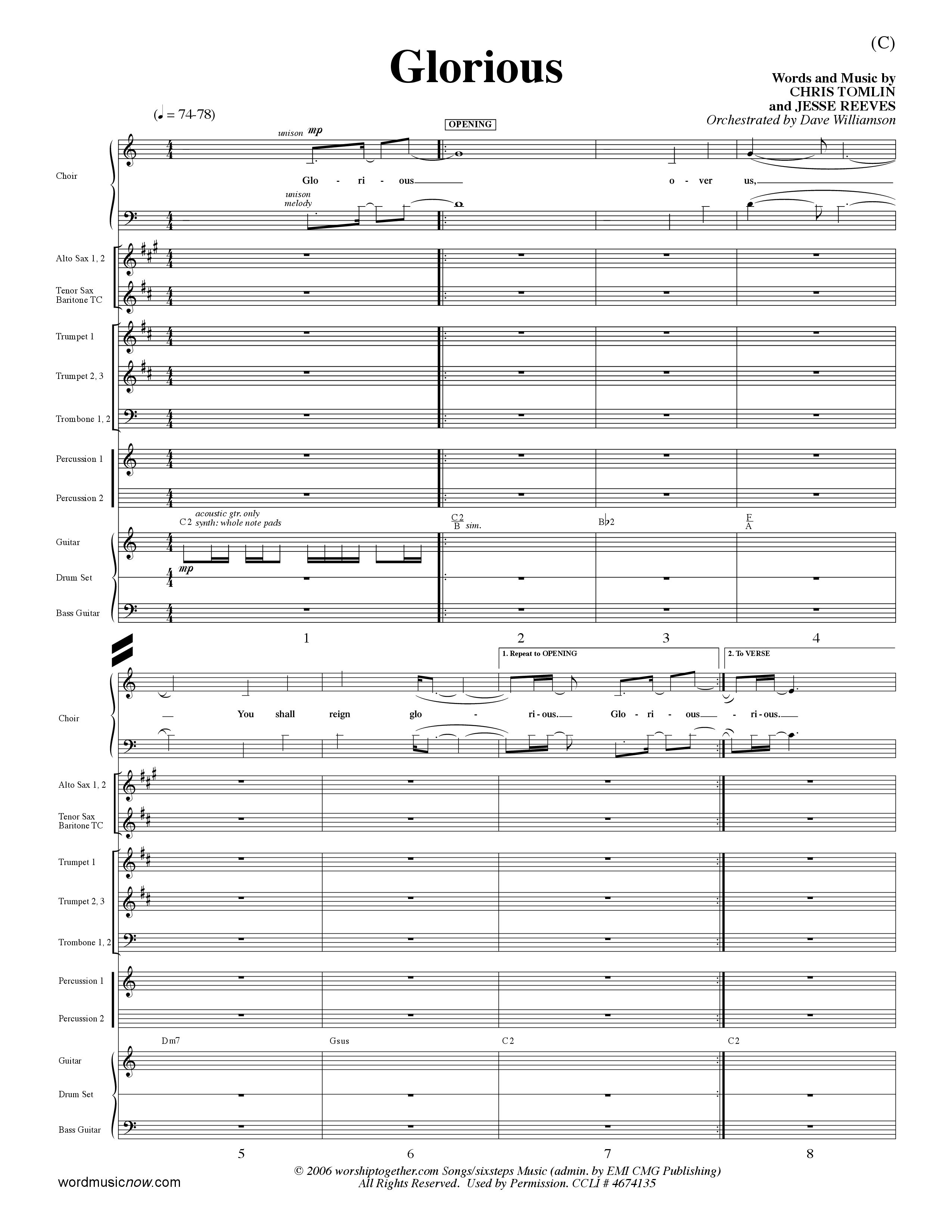 Glorious (Choral Anthem SATB) PraiseBand (incl. Brass) (Word Music Choral / Orch. Dave Williamson)
