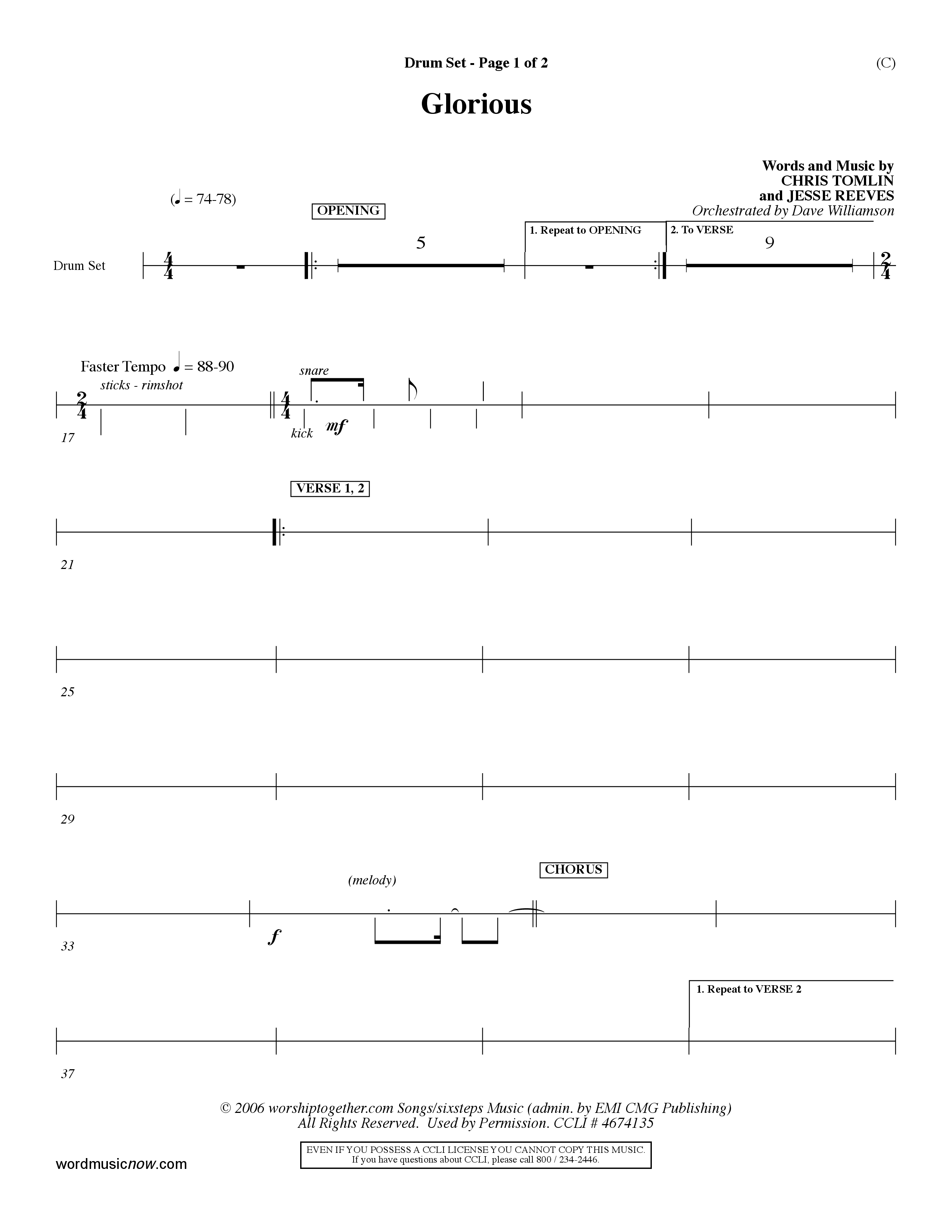 Glorious (Choral Anthem SATB) Drum Set (Word Music Choral / Orch. Dave Williamson)