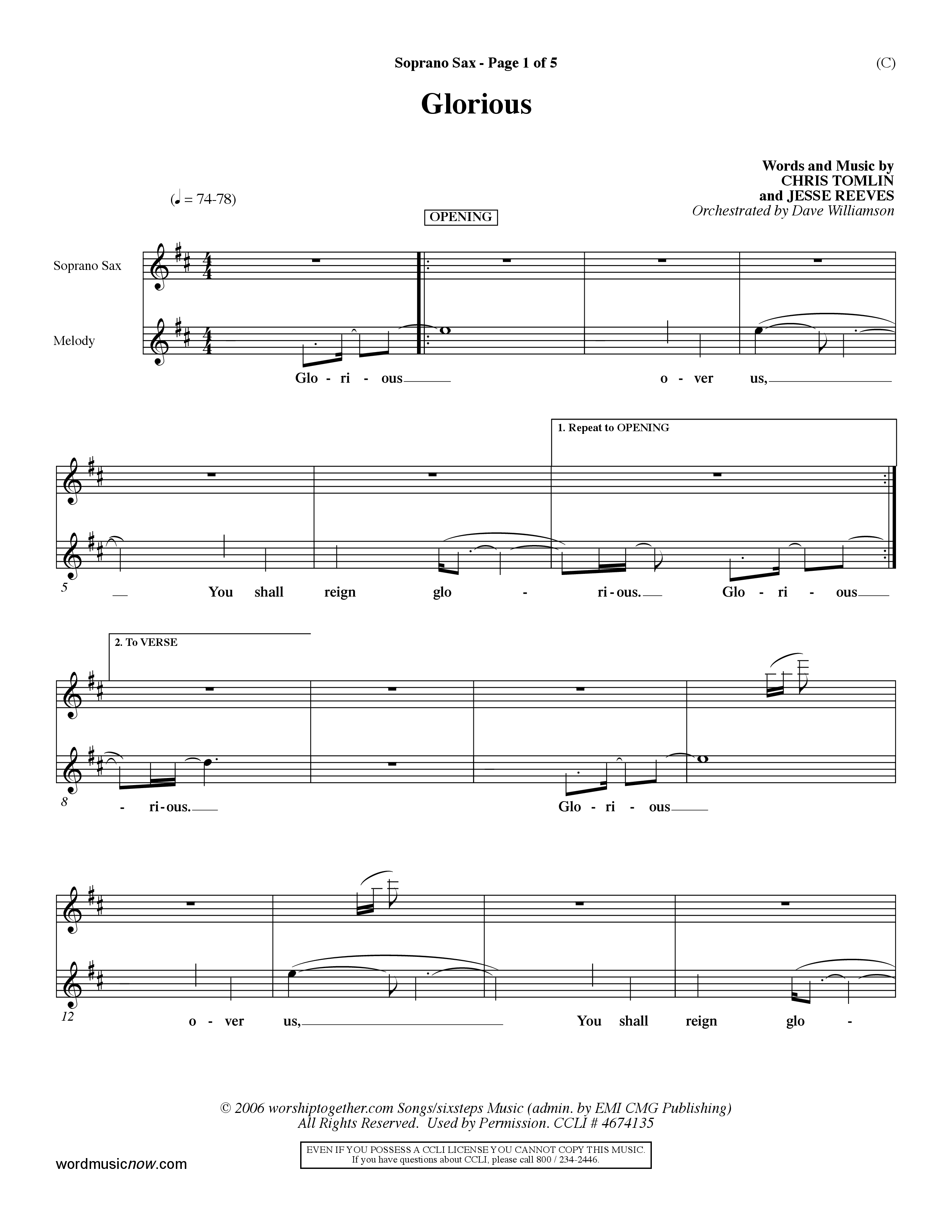 Glorious (Choral Anthem SATB) Saxophone (Word Music Choral / Orch. Dave Williamson)