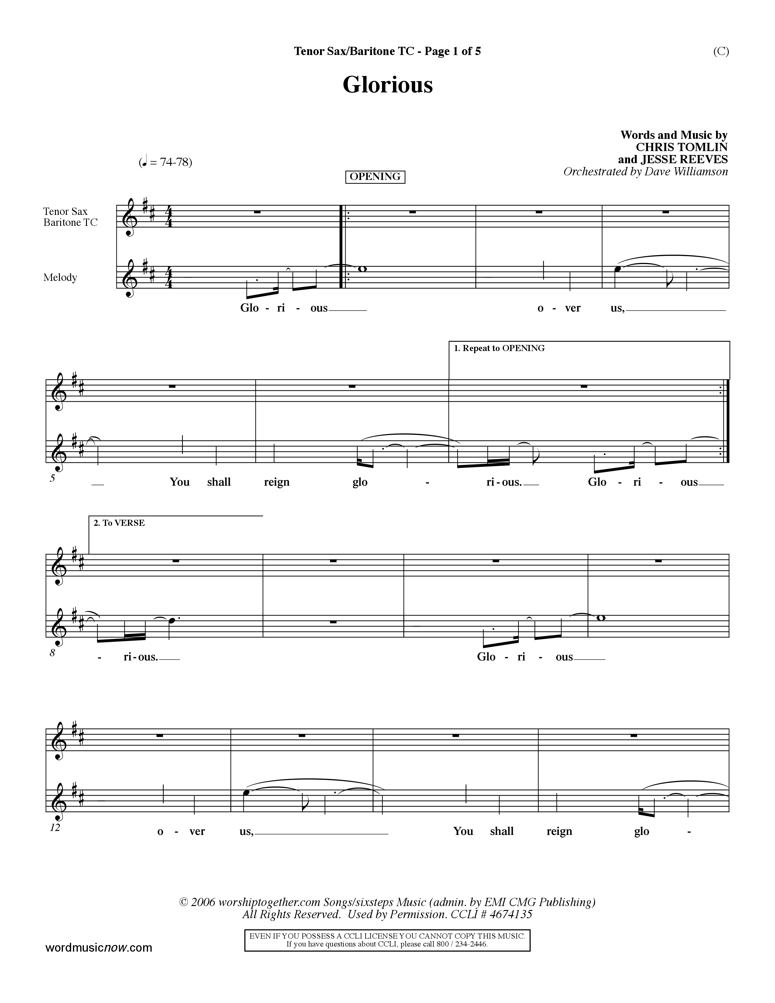Glorious (Choral Anthem SATB) Tenor Sax/Baritone T.C. (Word Music Choral / Orch. Dave Williamson)