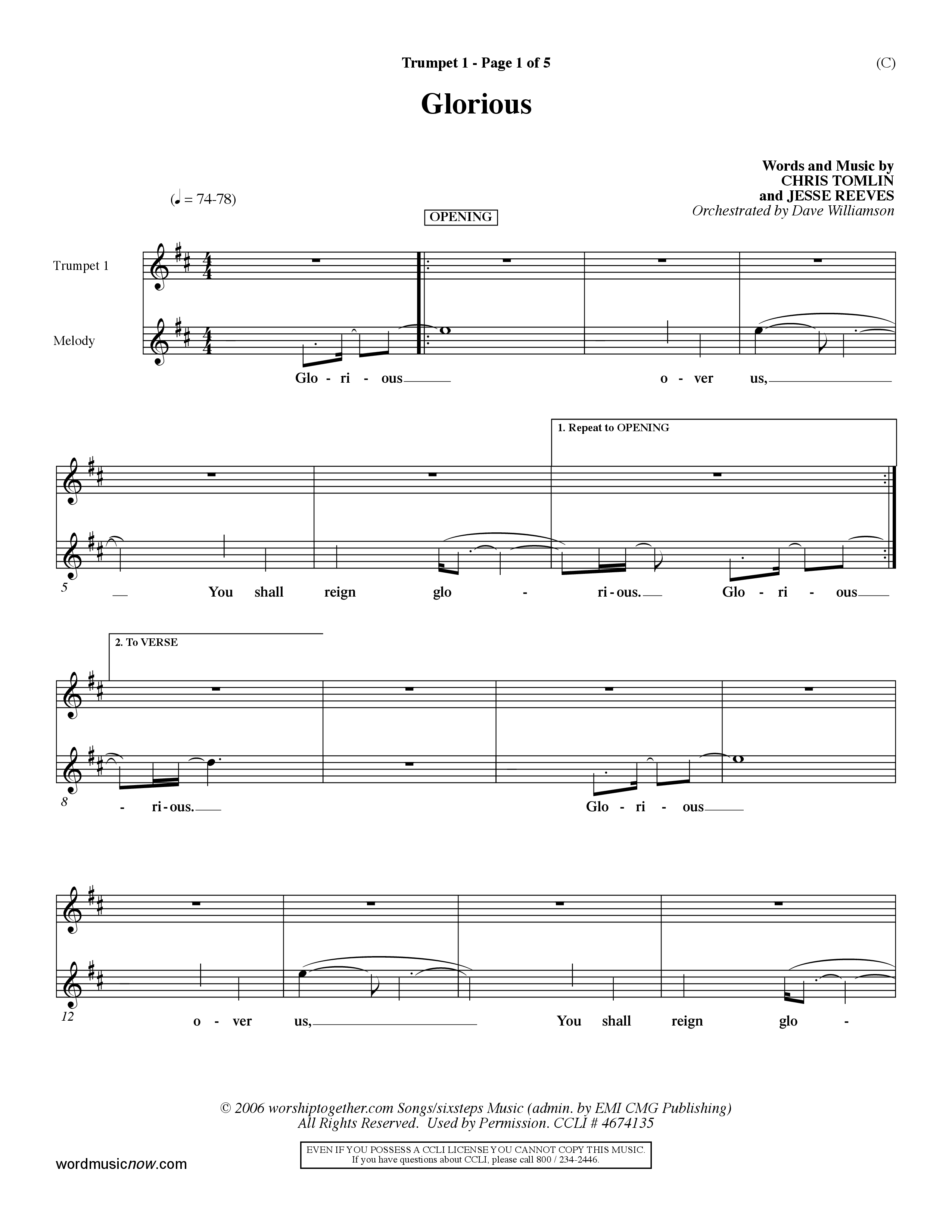 Glorious (Choral Anthem SATB) Trumpet 1 (Word Music Choral / Orch. Dave Williamson)