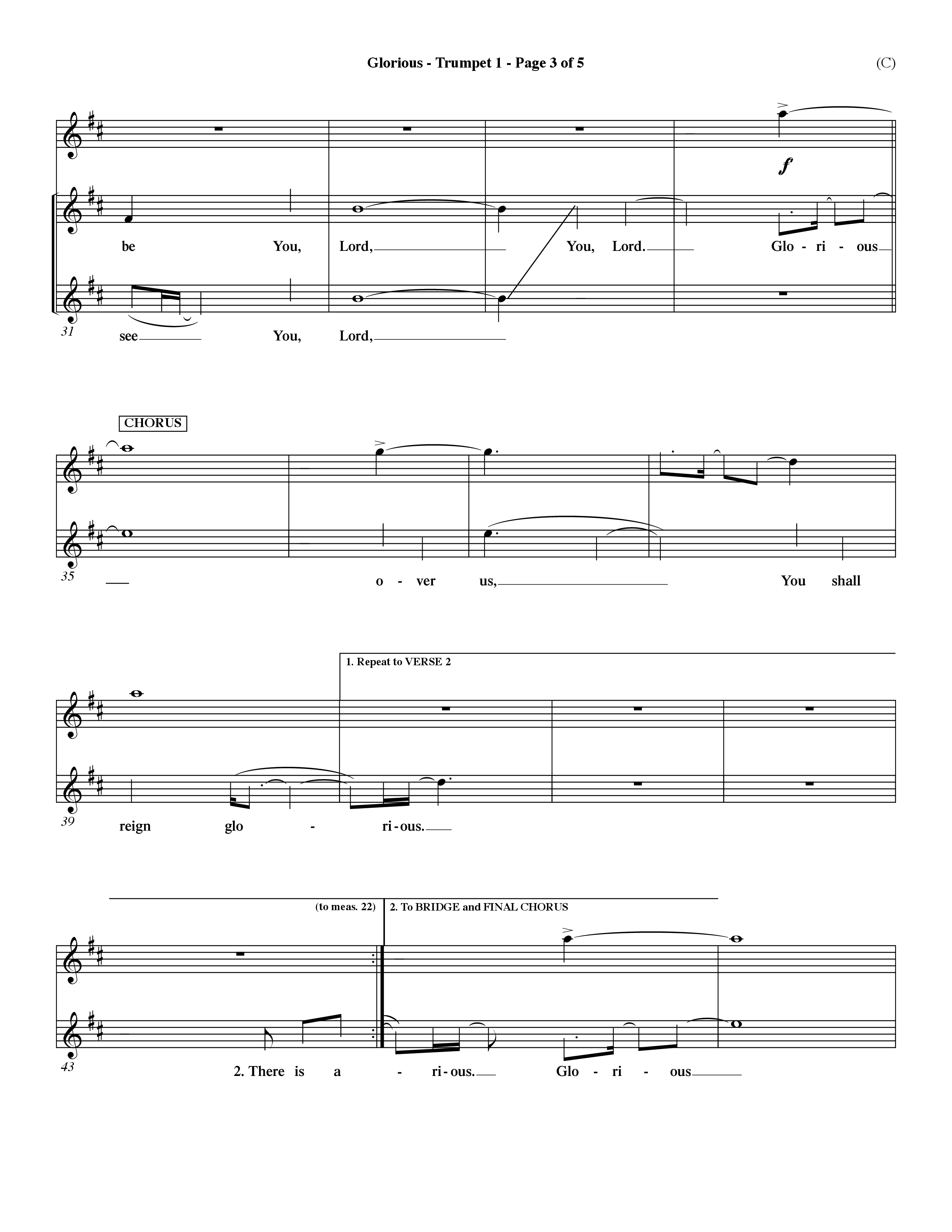 Glorious (Choral Anthem SATB) Trumpet 1 (Word Music Choral / Orch. Dave Williamson)