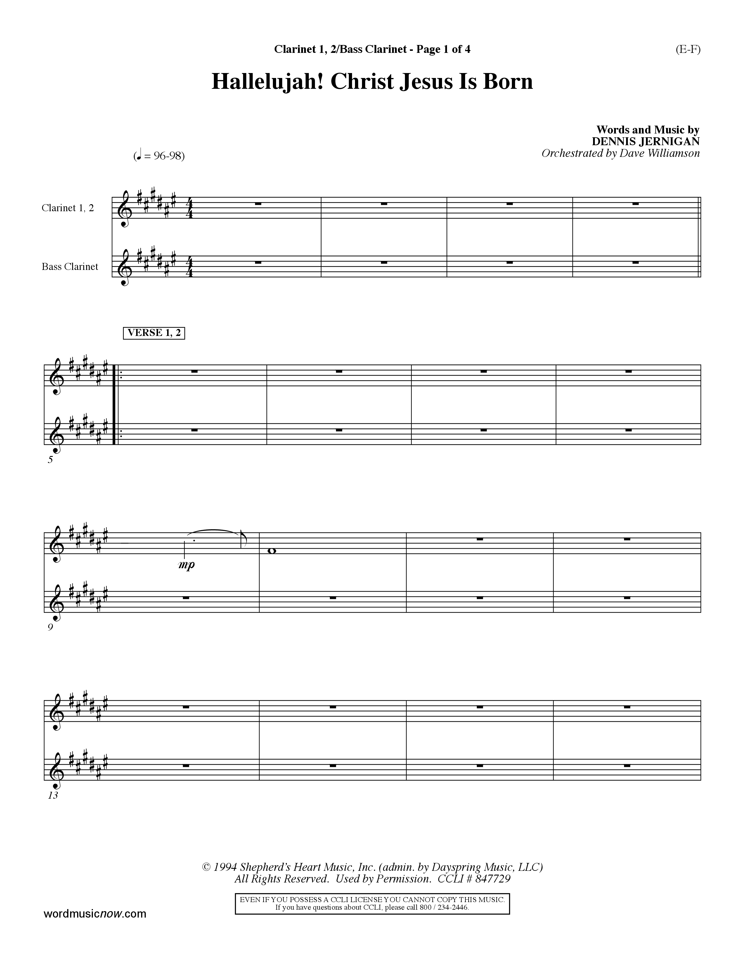 Hallelujah Christ Jesus Is Born (Choral Anthem SATB) Clarinet 1/2, Bass Clarinet (Word Music Choral / Orch. Dave Williamson)