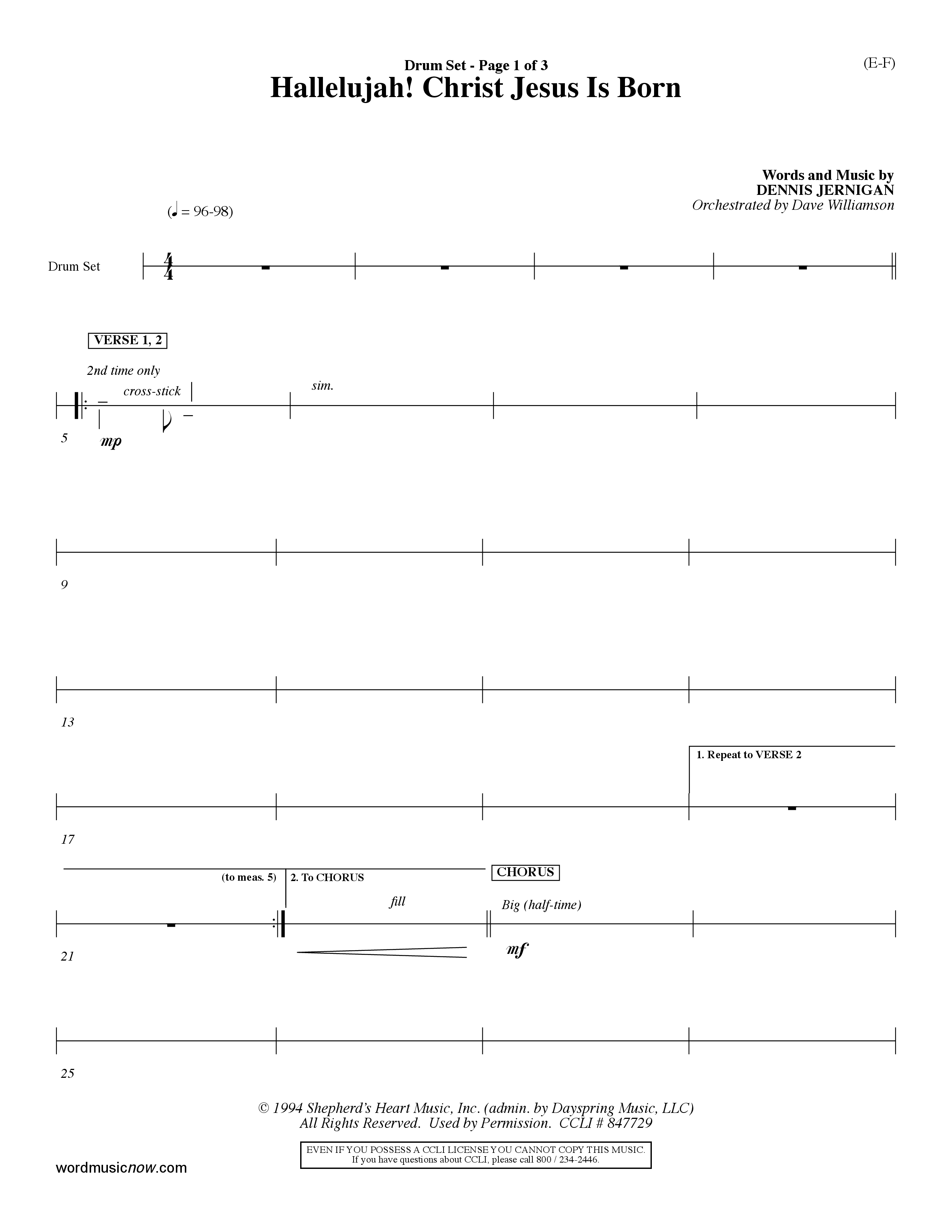 Hallelujah Christ Jesus Is Born (Choral Anthem SATB) Drum Set (Word Music Choral / Orch. Dave Williamson)