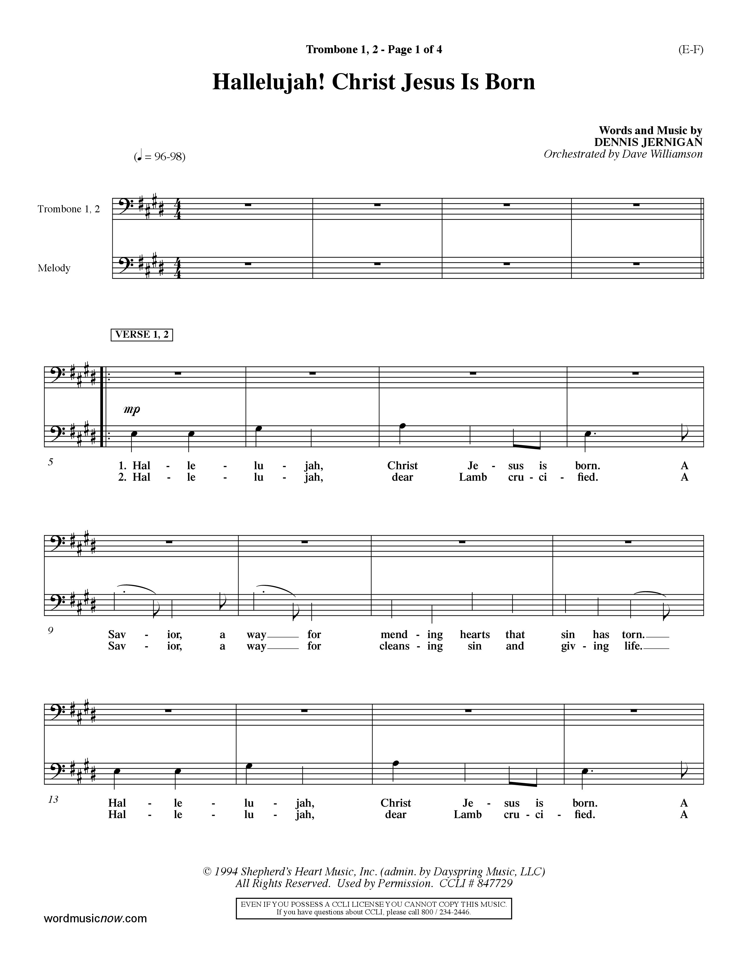 Hallelujah Christ Jesus Is Born (Choral Anthem SATB) Trombone 1/2 (Word Music Choral / Orch. Dave Williamson)