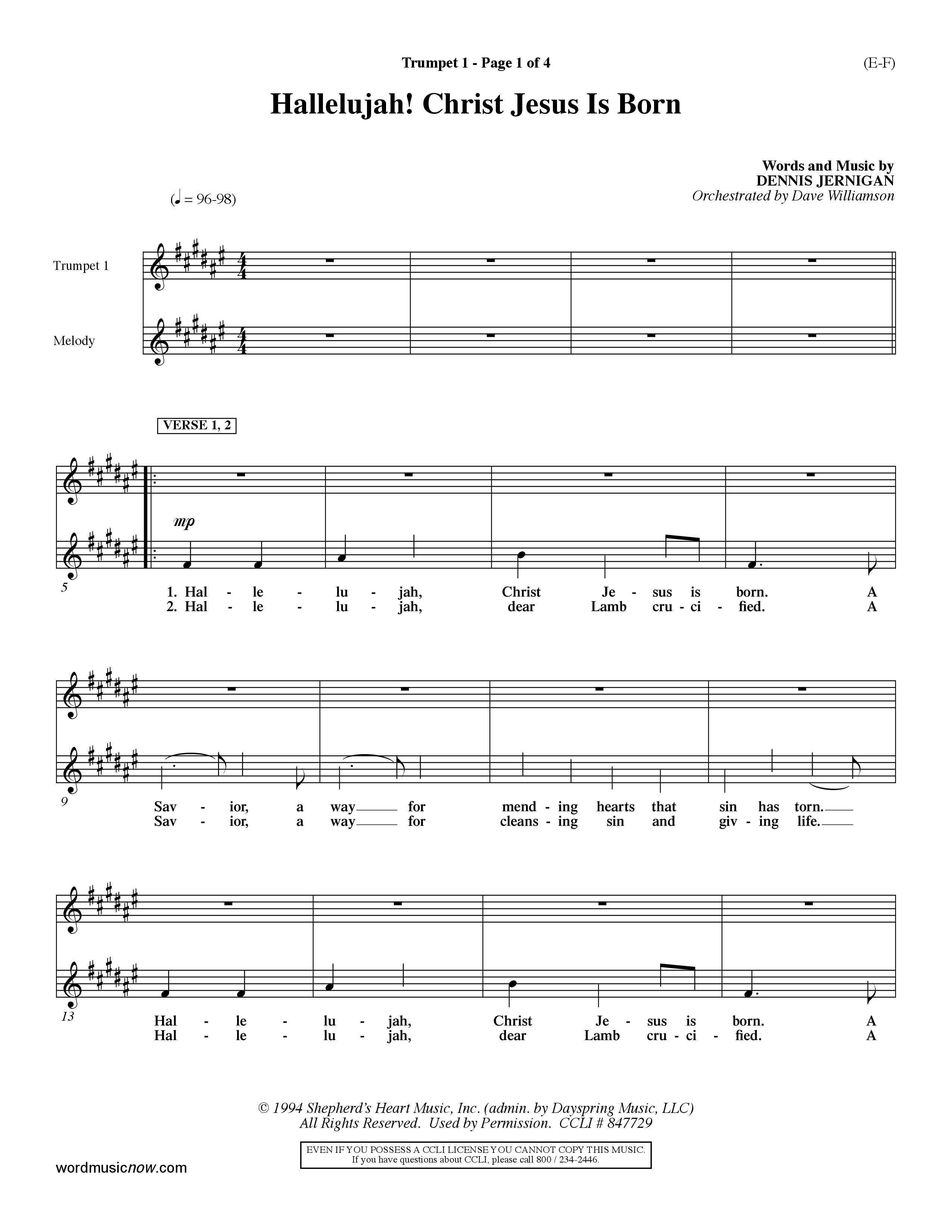 Hallelujah Christ Jesus Is Born (Choral Anthem SATB) Trumpet 1 (Word Music Choral / Orch. Dave Williamson)