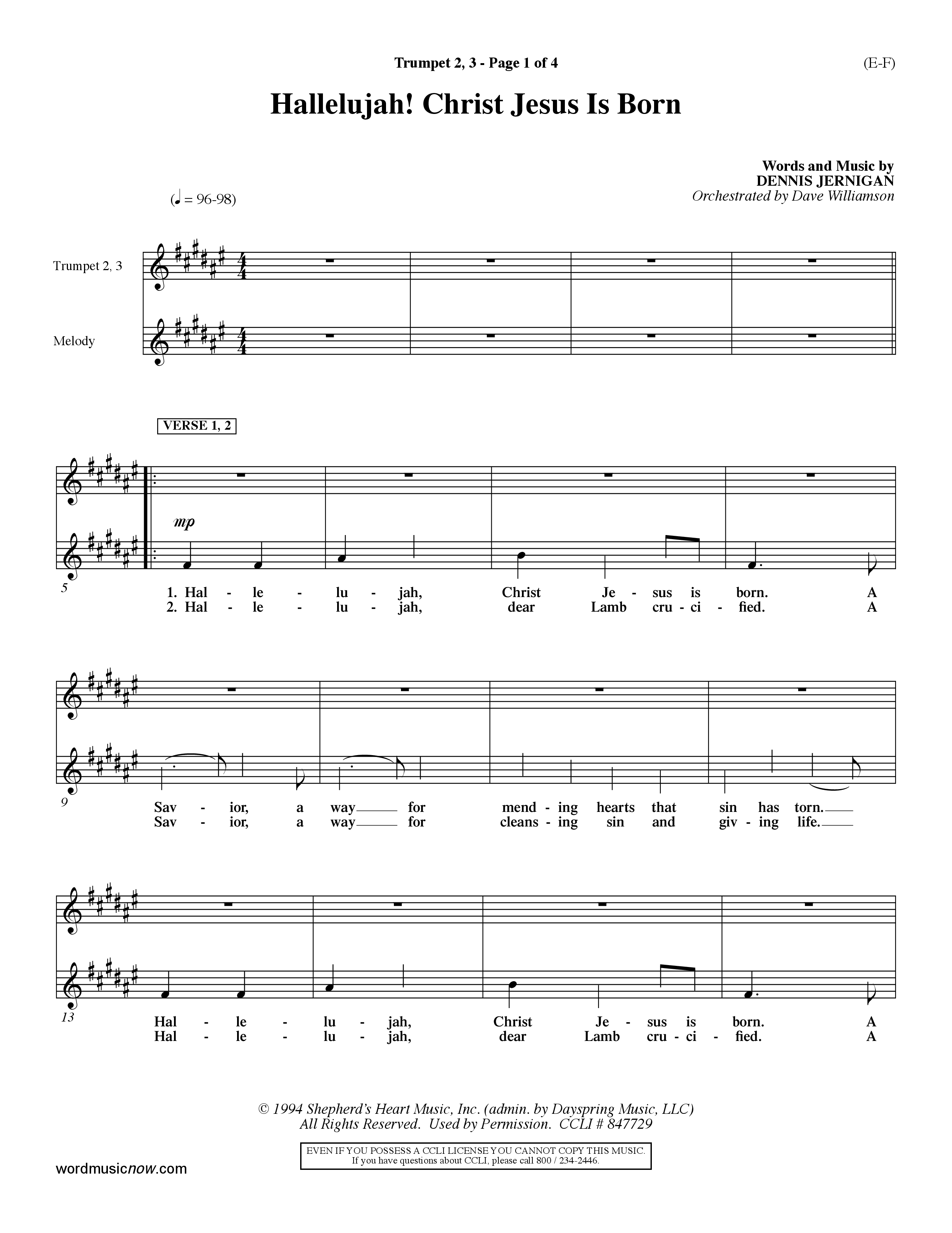Hallelujah Christ Jesus Is Born (Choral Anthem SATB) Trumpet 2/3 (Word Music Choral / Orch. Dave Williamson)