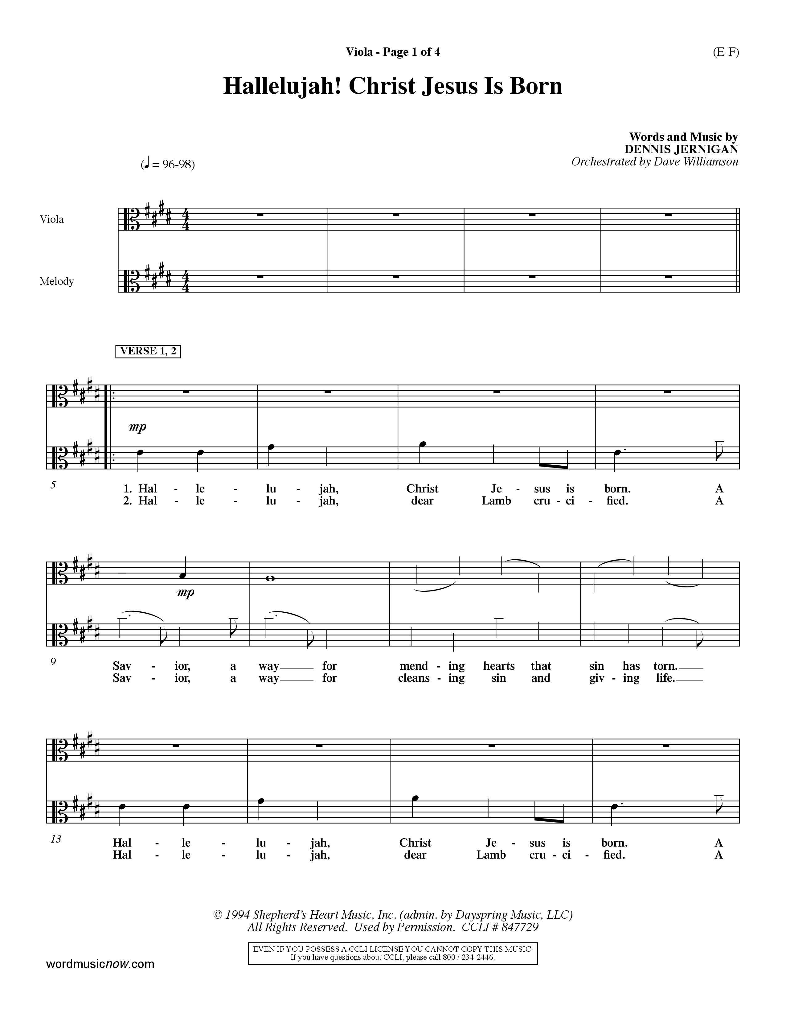 Hallelujah Christ Jesus Is Born (Choral Anthem SATB) Viola (Word Music Choral / Orch. Dave Williamson)