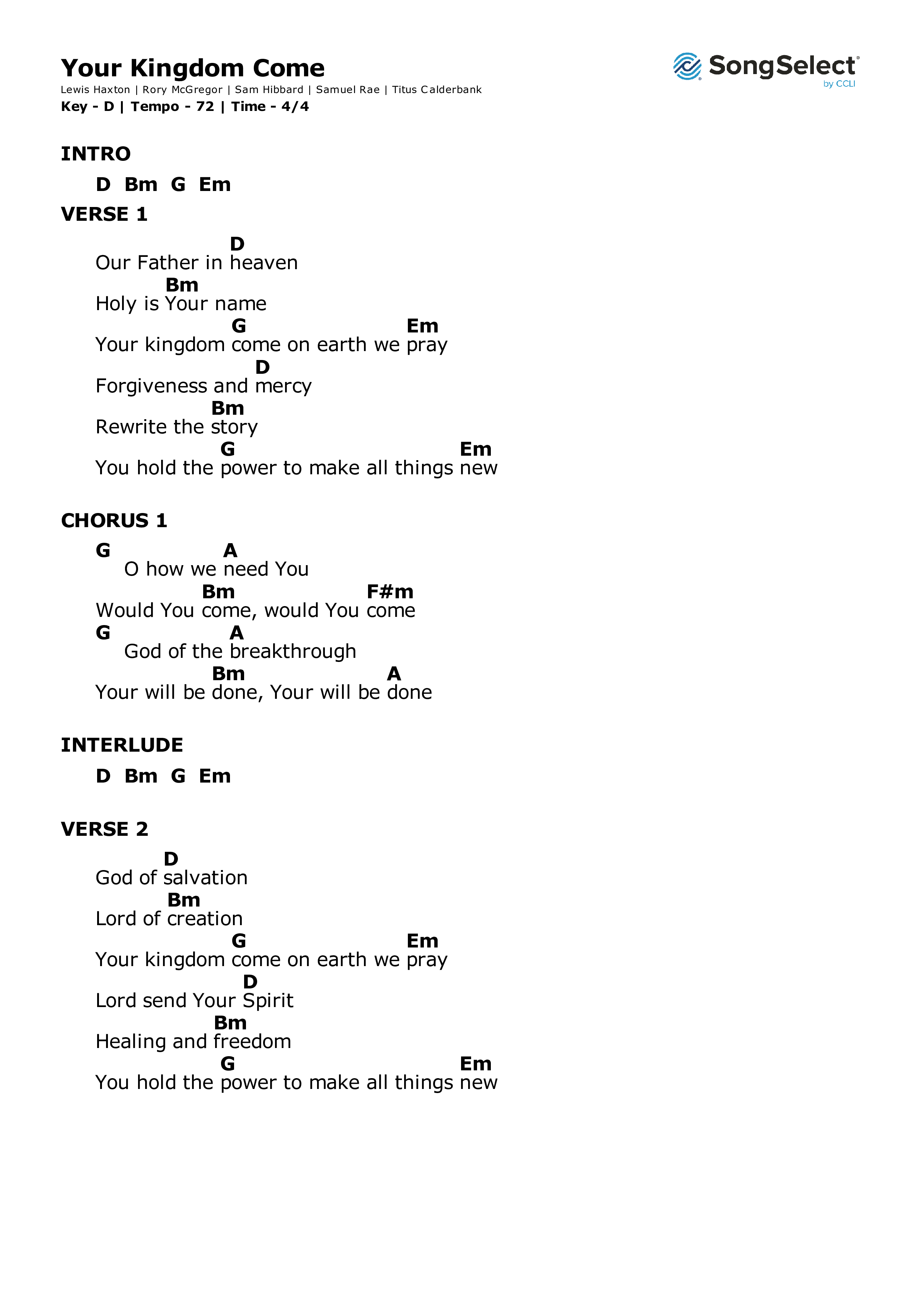 Your Kingdom Come Chord Chart (Sam Hibbard)