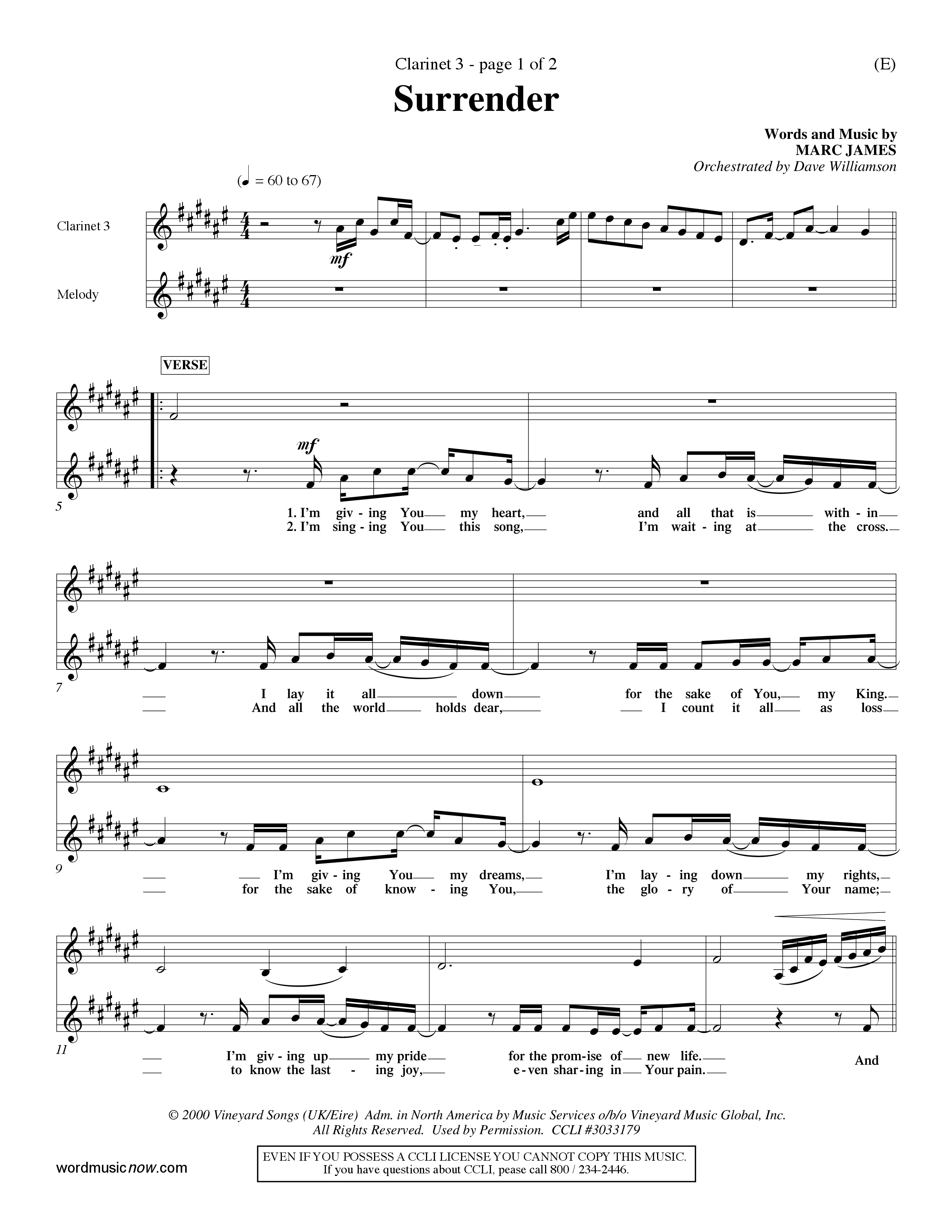 Surrender (Choral Anthem SATB) Clarinet 3 (Word Music Choral / Orch. Dave Williamson)