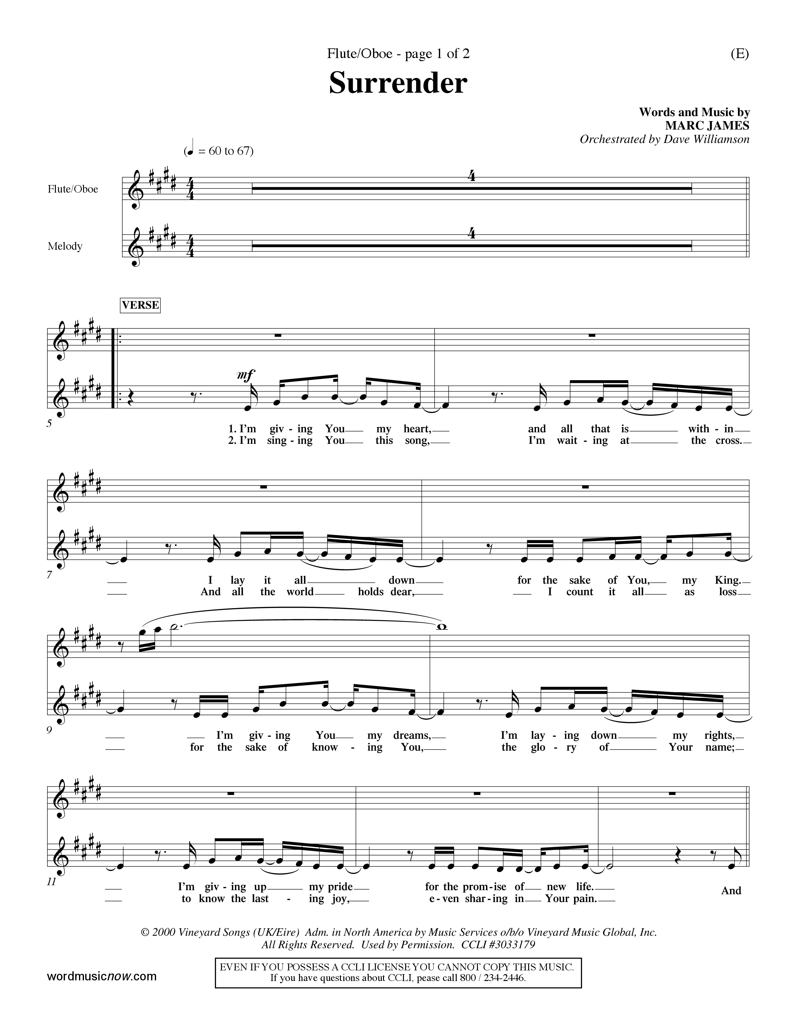 Surrender (Choral Anthem SATB) Flute/Oboe (Word Music Choral / Orch. Dave Williamson)