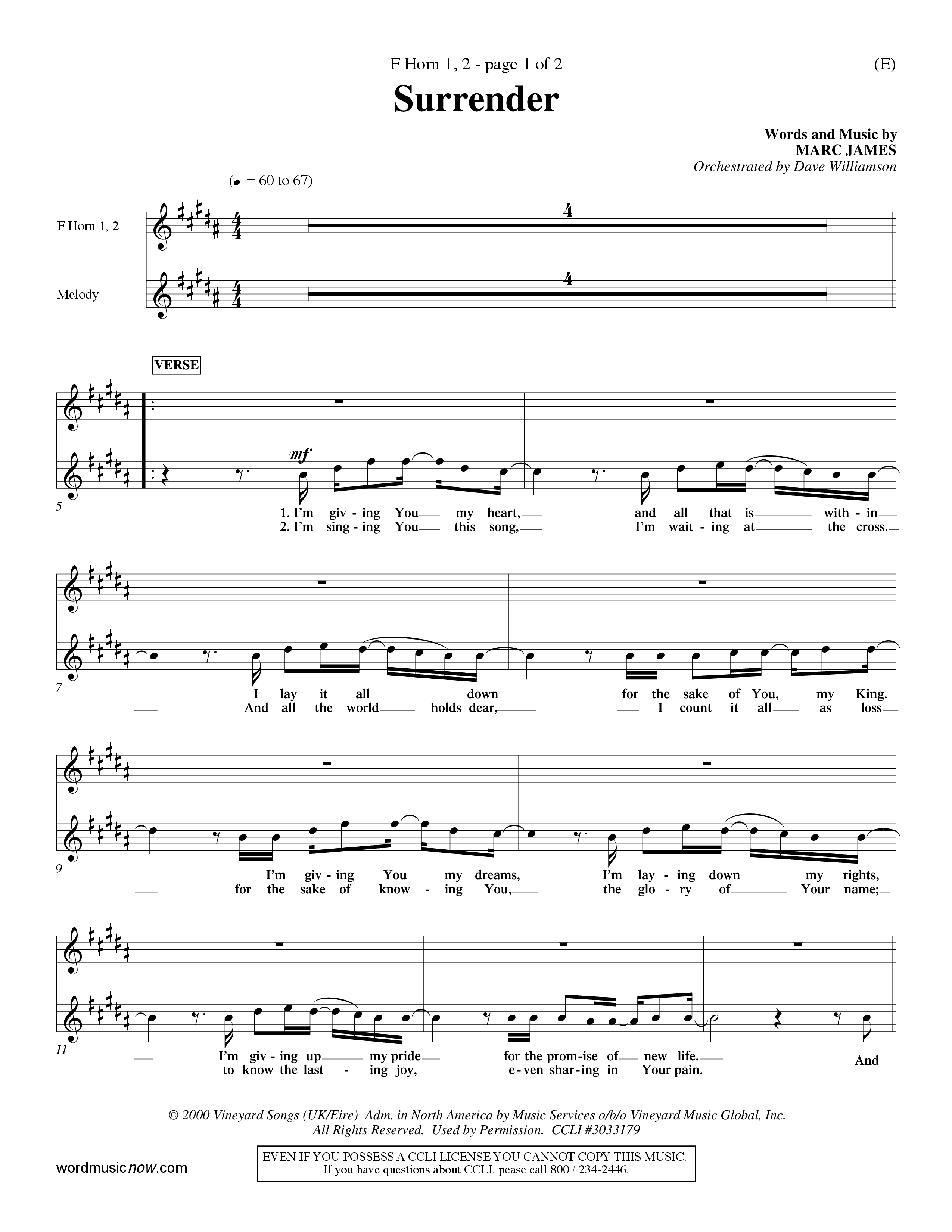 Surrender (Choral Anthem SATB) French Horn (Word Music Choral / Orch. Dave Williamson)