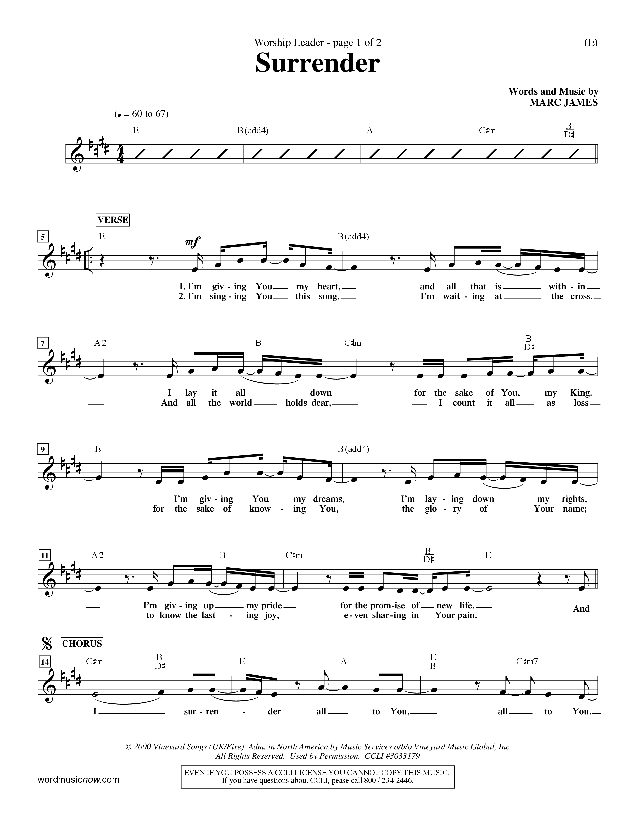 Surrender (Choral Anthem SATB) Lead Sheet (Mel) (Word Music Choral / Orch. Dave Williamson)
