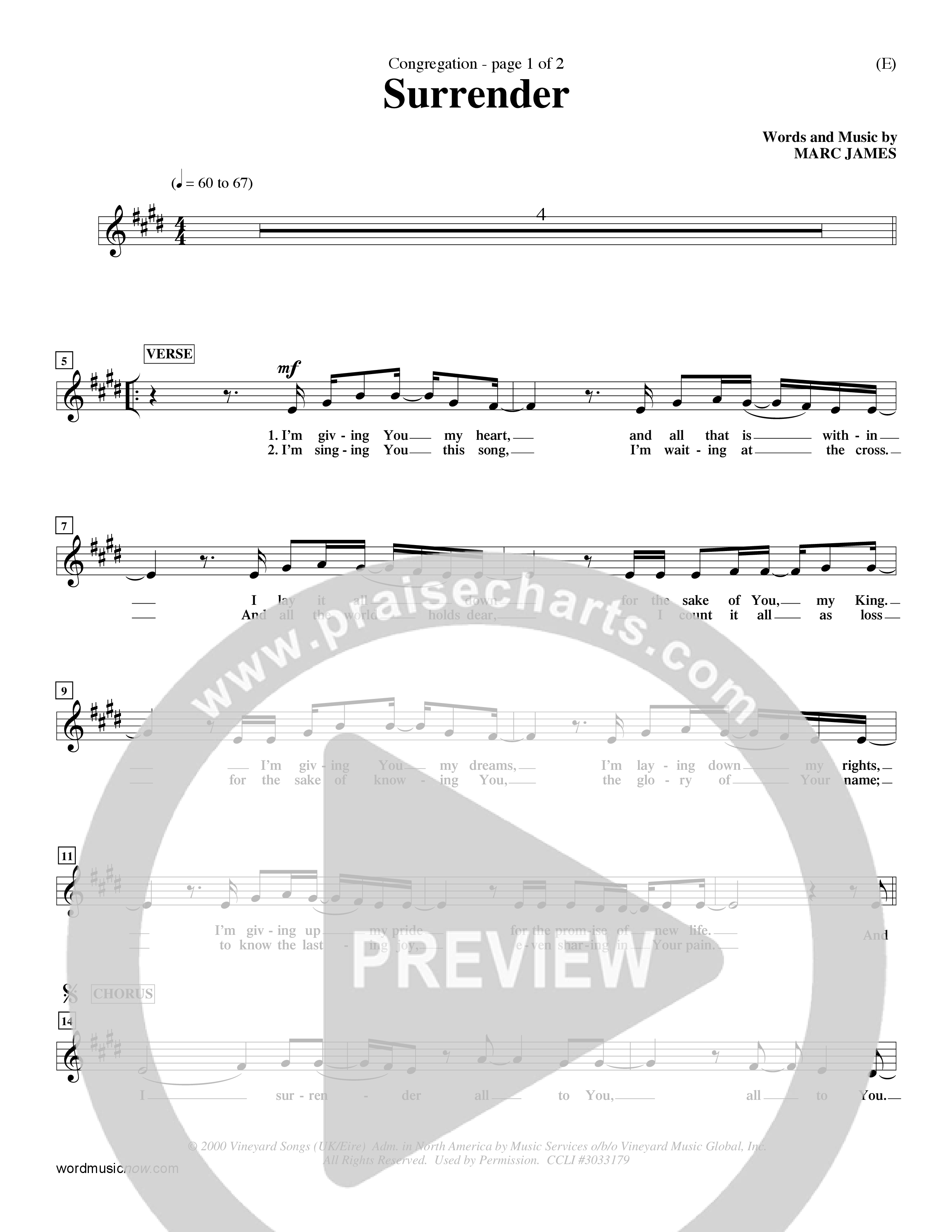 Surrender (Choral Anthem SATB) Lead Sheet (Mel) (Word Music Choral / Orch. Dave Williamson)