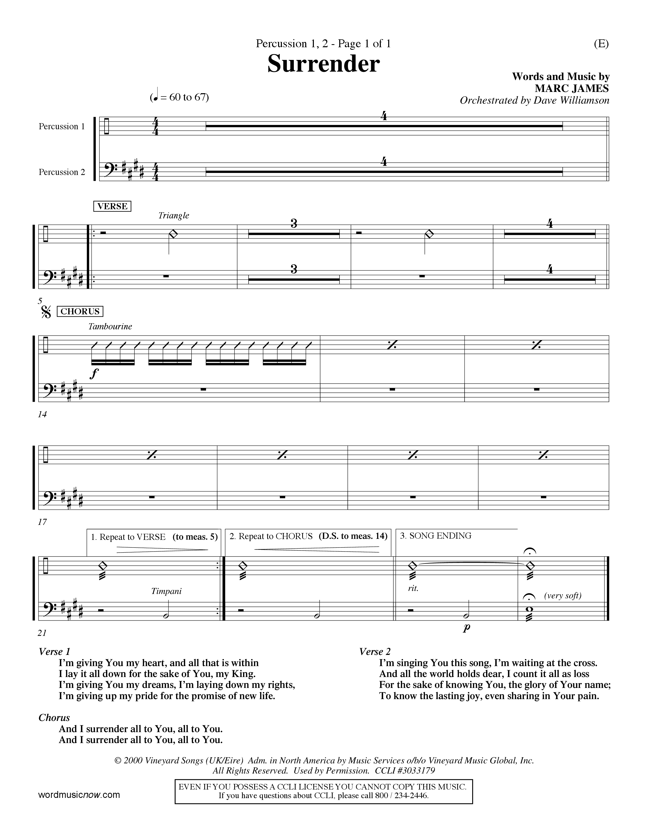Surrender (Choral Anthem SATB) Percussion 1/2 (Word Music Choral / Orch. Dave Williamson)