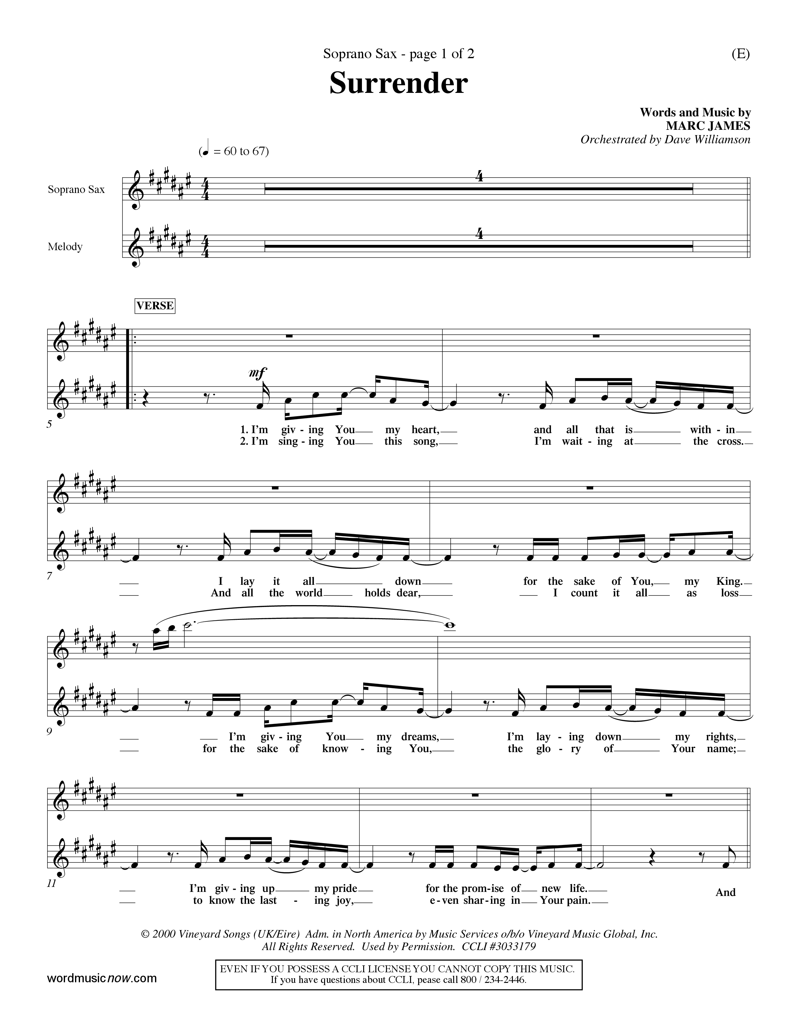 Surrender (Choral Anthem SATB) Saxophone (Word Music Choral / Orch. Dave Williamson)
