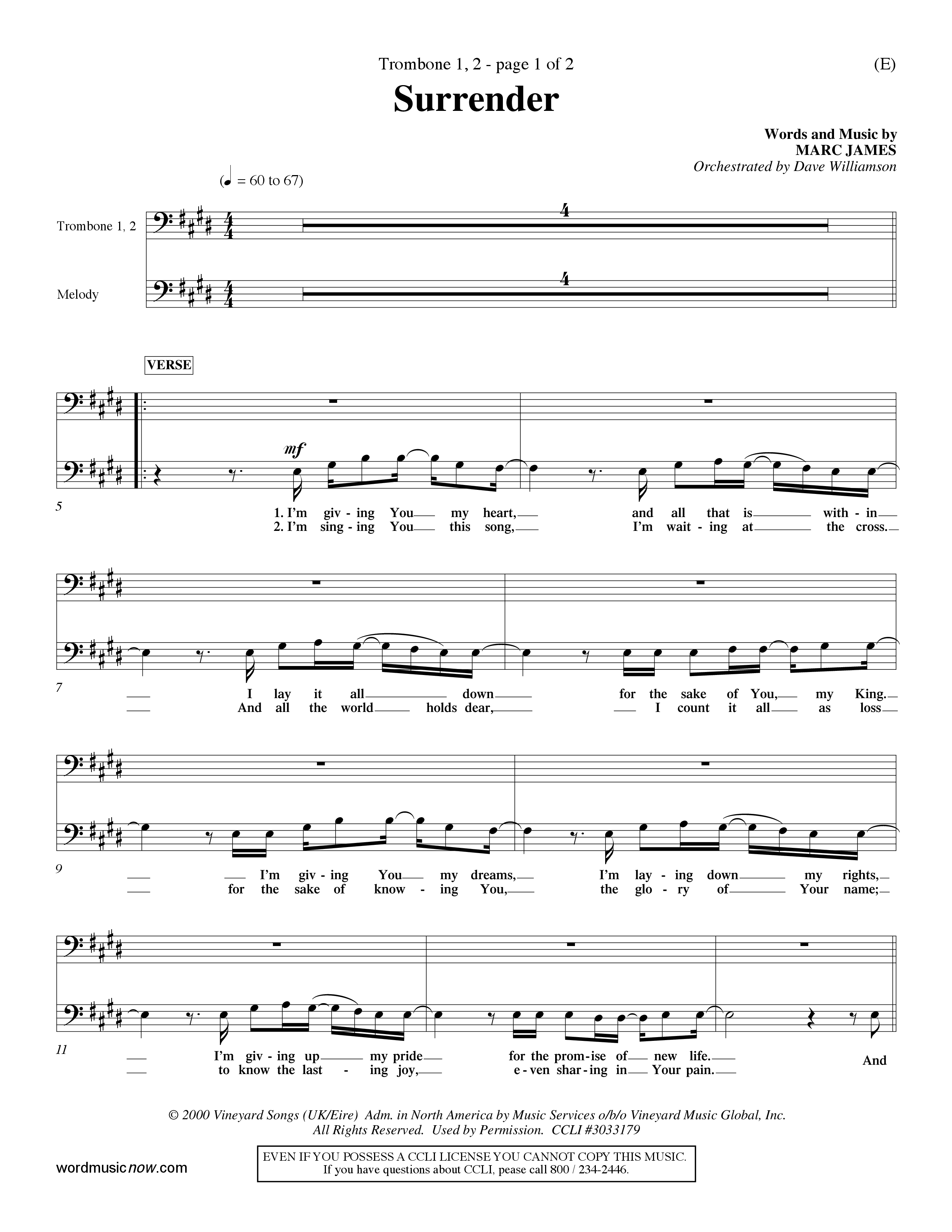 Surrender (Choral Anthem SATB) Trombone 1/2 (Word Music Choral / Orch. Dave Williamson)