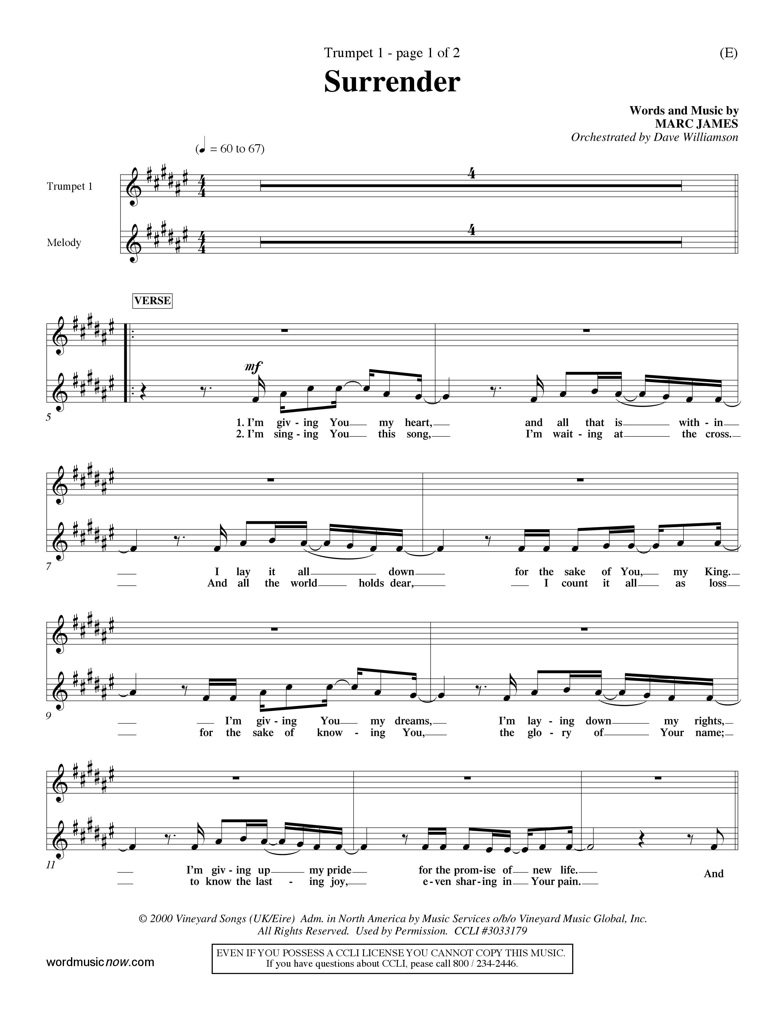 Surrender (Choral Anthem SATB) Trumpet 1 (Word Music Choral / Orch. Dave Williamson)