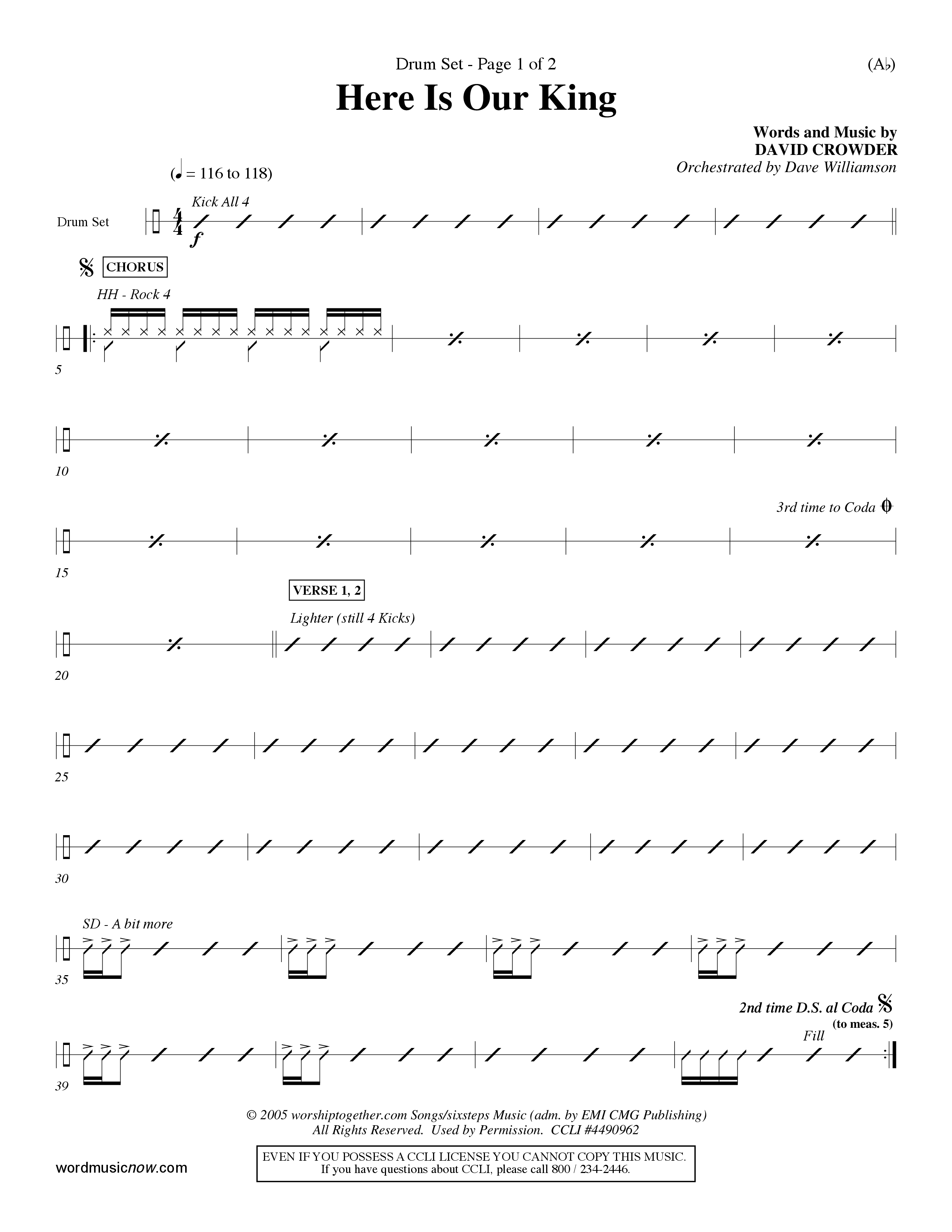 Here Is Our King (Choral Anthem SATB) Drum Set (Word Music Choral / Orch. Dave Williamson)