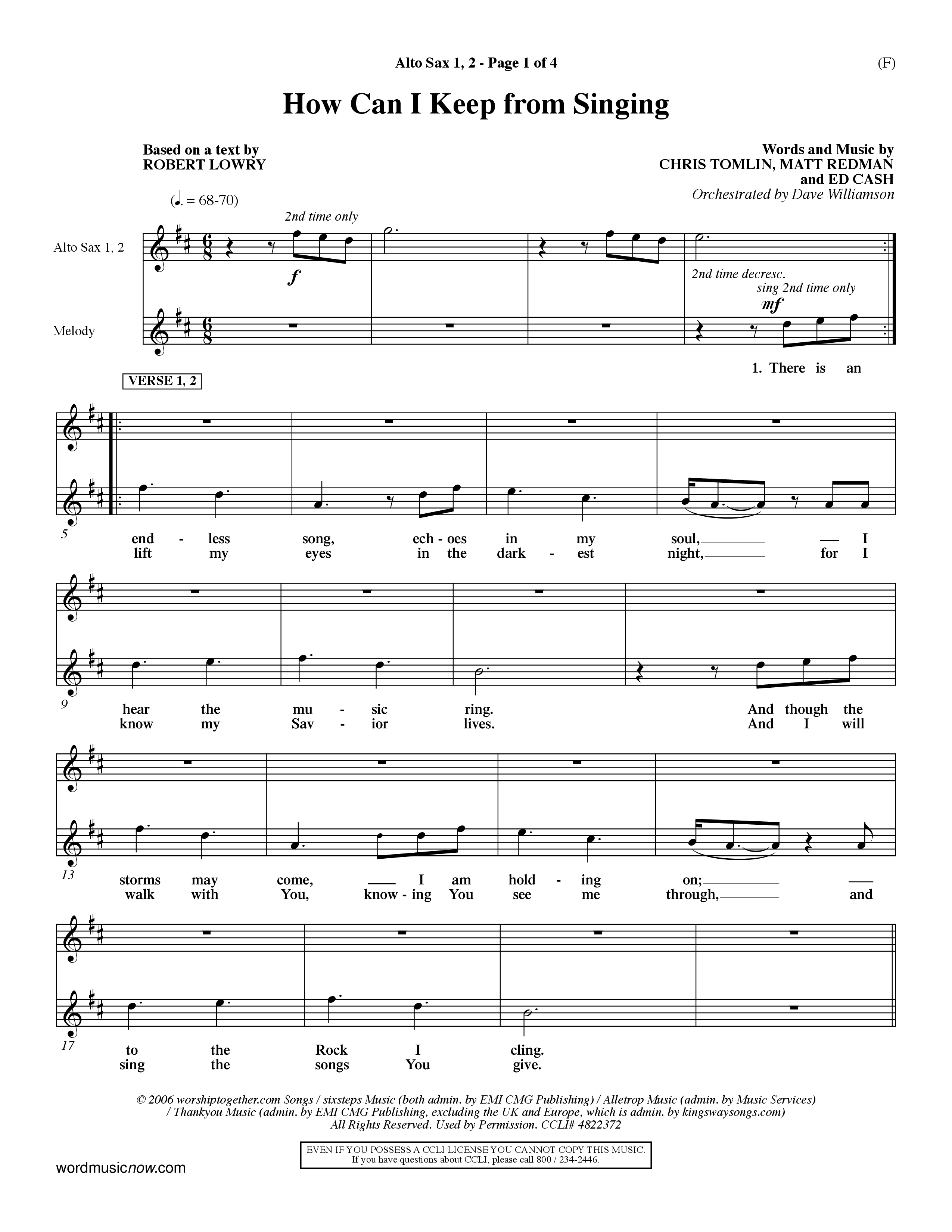How Can I Keep From Singing (Choral Anthem SATB) Alto Sax 1/2 (Word Music Choral / Orch. Dave Williamson)