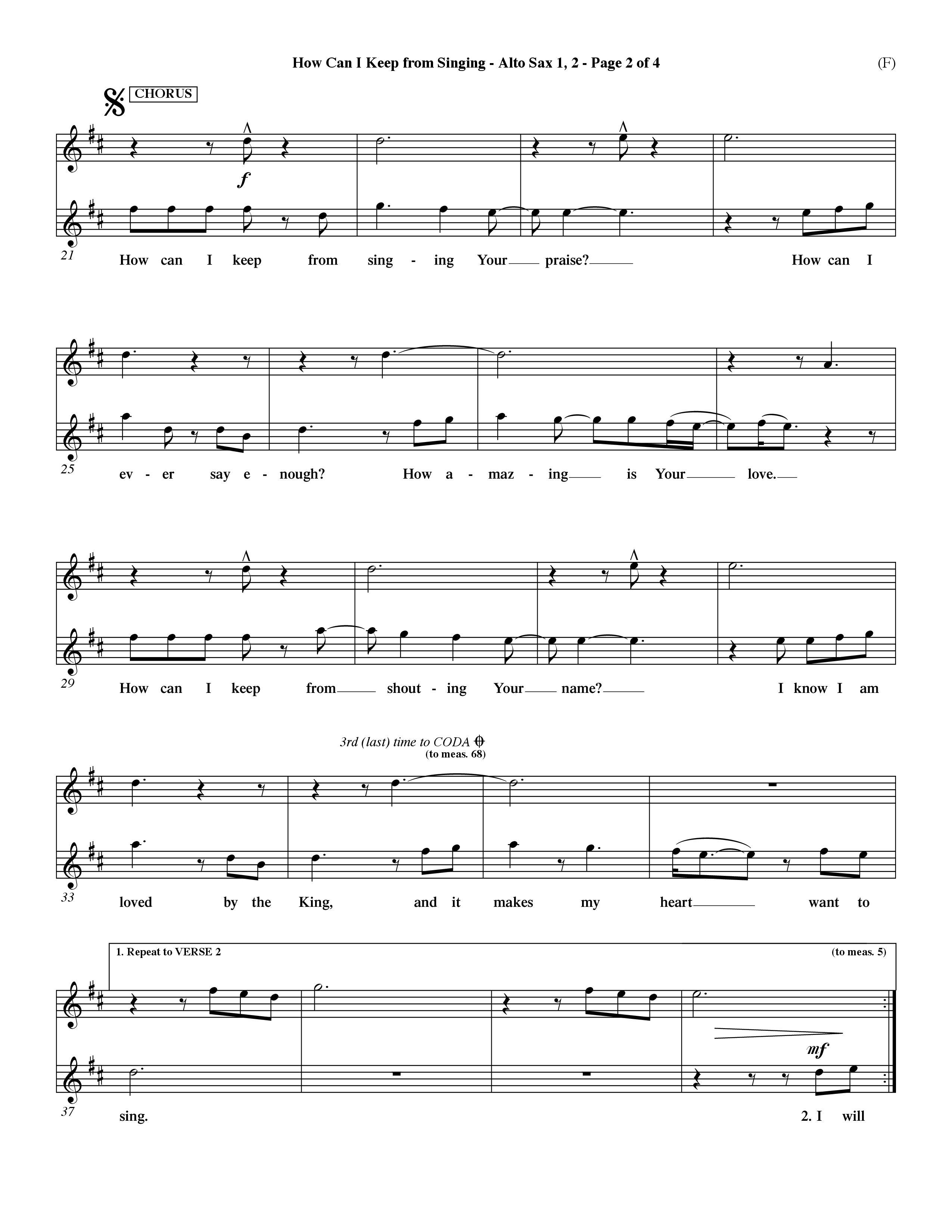 How Can I Keep From Singing (Choral Anthem SATB) Alto Sax 1/2 (Word Music Choral / Orch. Dave Williamson)