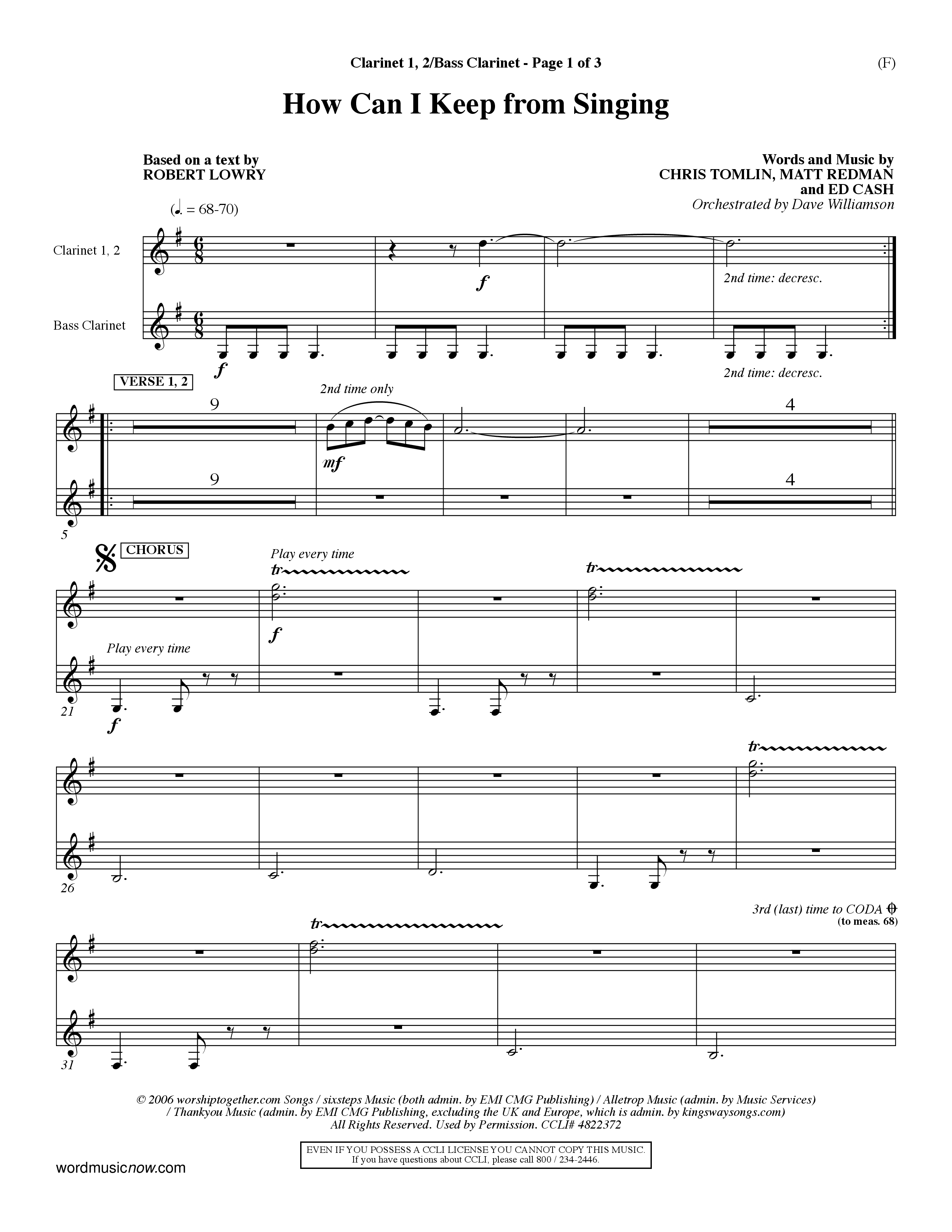 How Can I Keep From Singing (Choral Anthem SATB) Clarinet 1/2, Bass Clarinet (Word Music Choral / Orch. Dave Williamson)