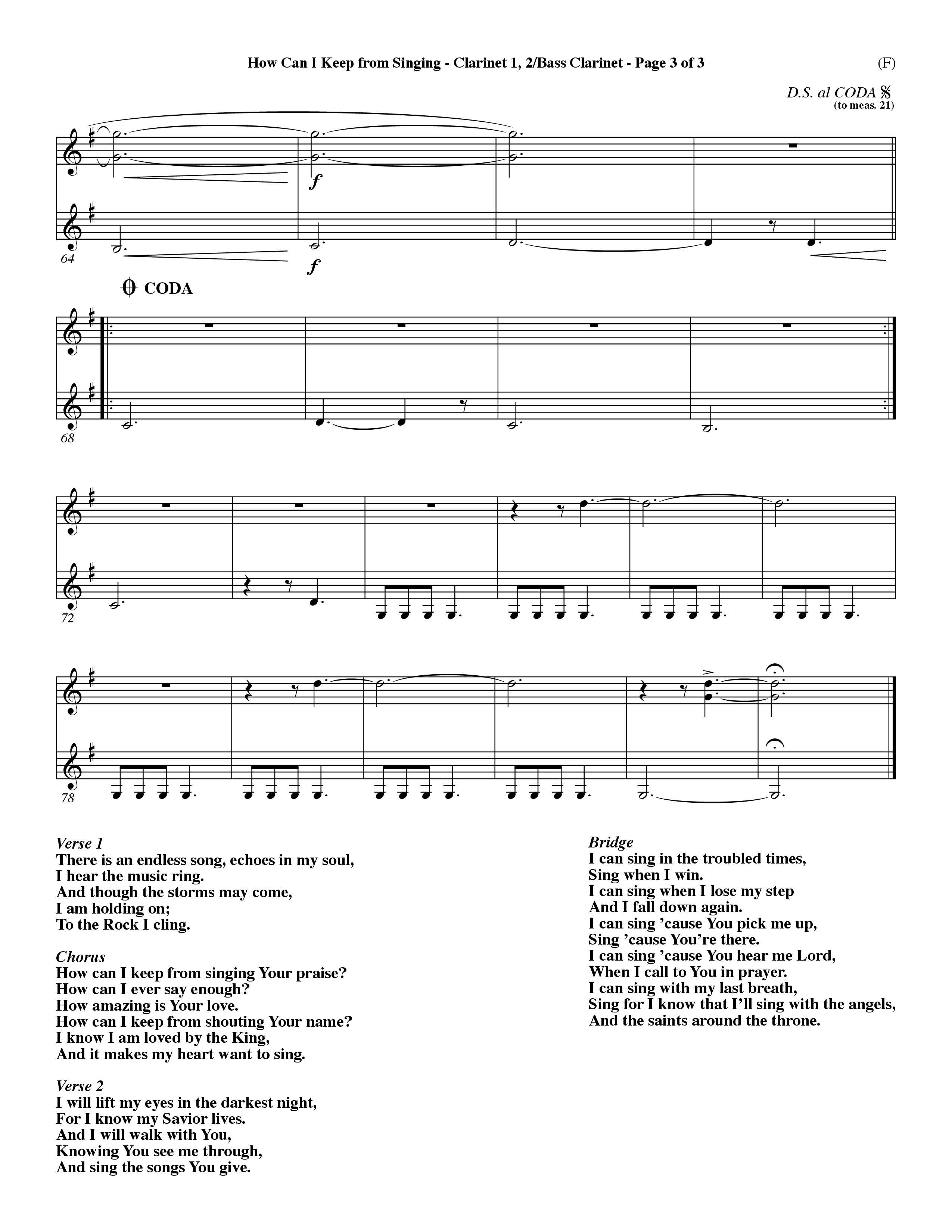 How Can I Keep From Singing (Choral Anthem SATB) Clarinet 1/2, Bass Clarinet (Word Music Choral / Orch. Dave Williamson)