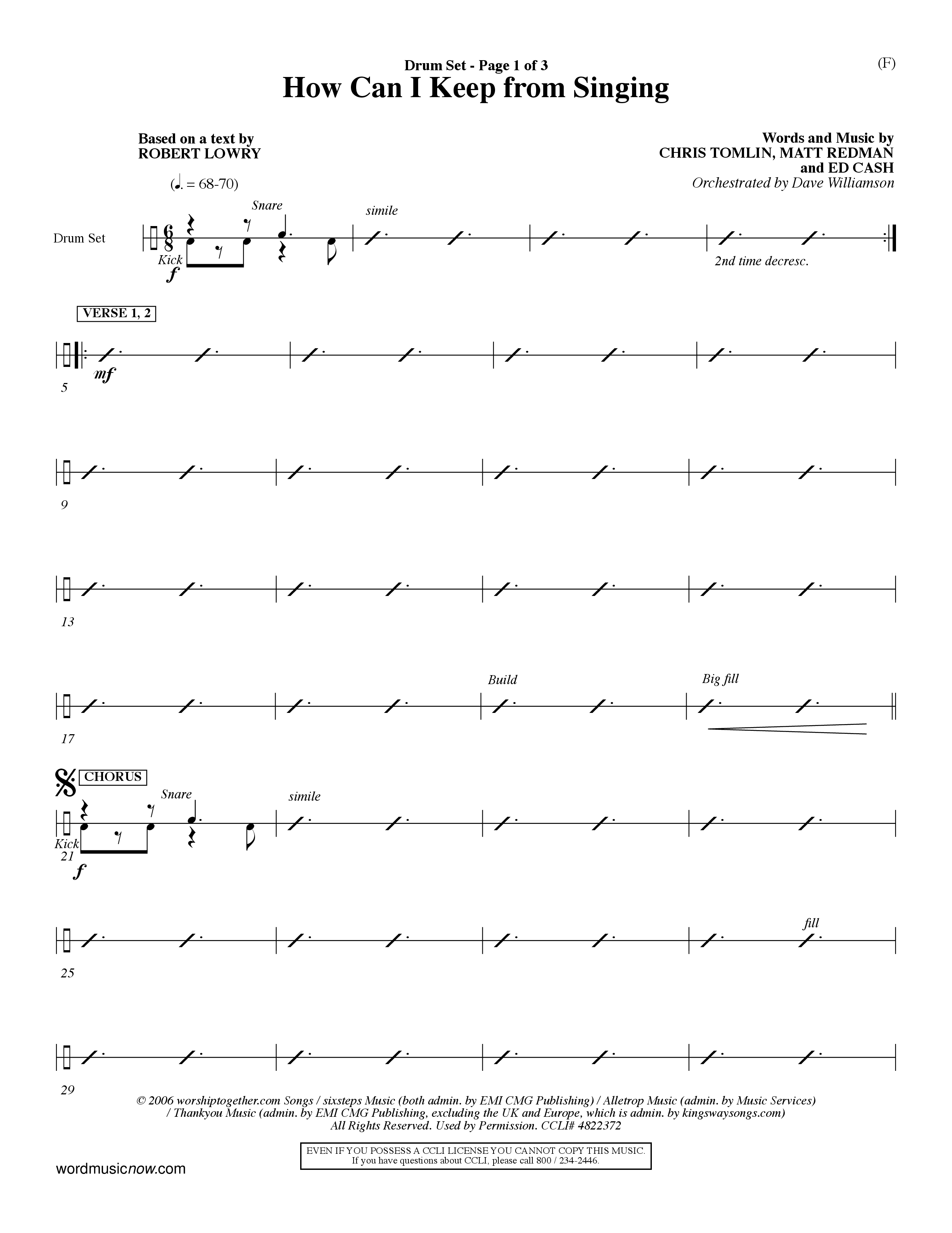 How Can I Keep From Singing (Choral Anthem SATB) Drum Set (Word Music Choral / Orch. Dave Williamson)