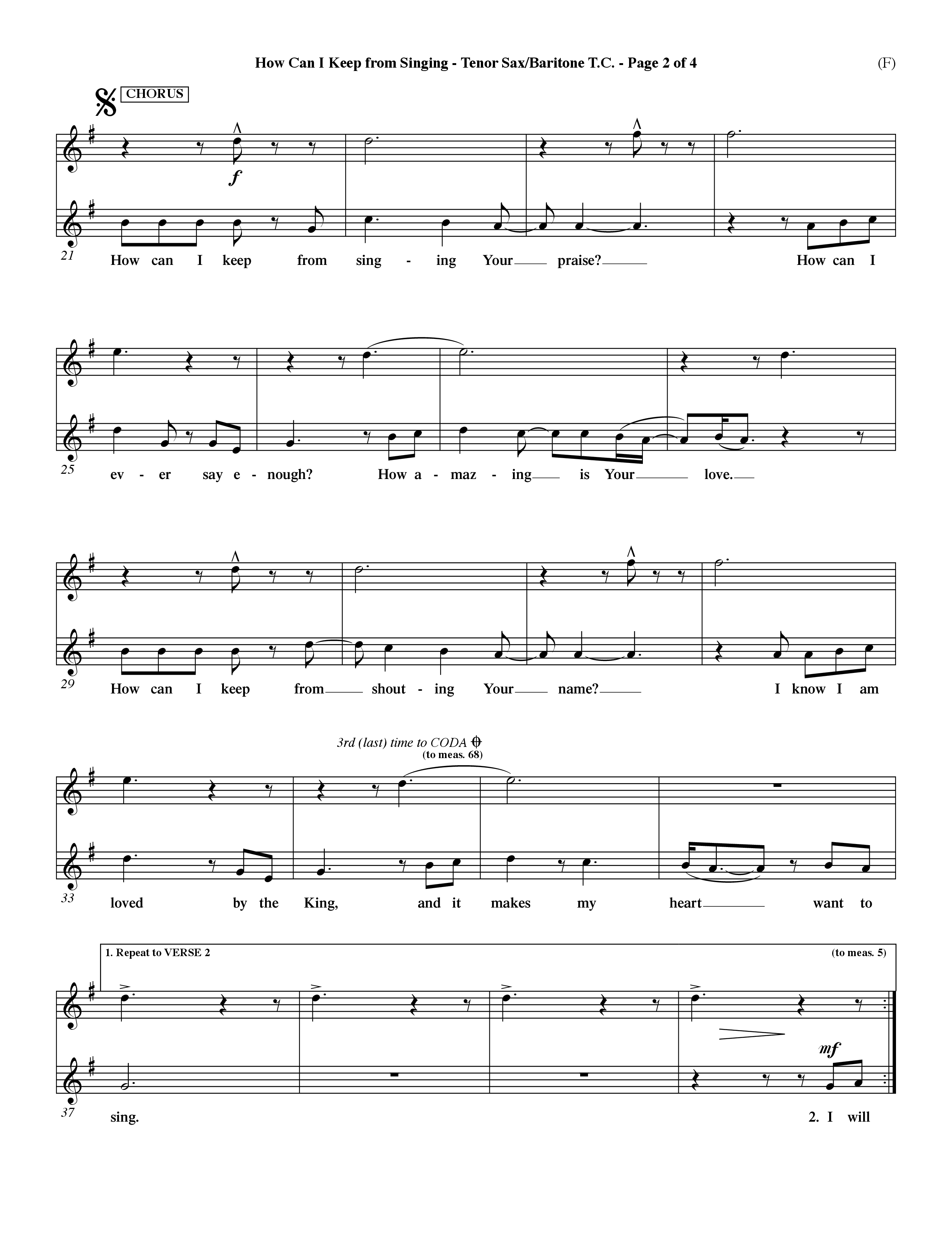 How Can I Keep From Singing (Choral Anthem SATB) Tenor Sax/Baritone T.C. (Word Music Choral / Orch. Dave Williamson)