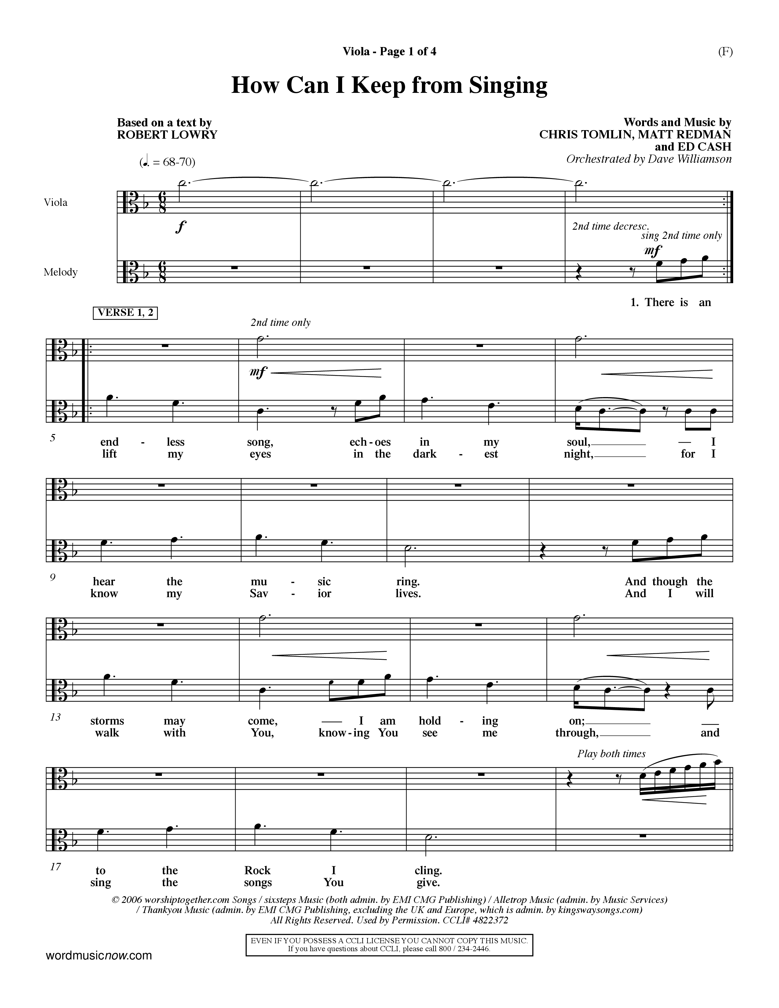 How Can I Keep From Singing (Choral Anthem SATB) Viola (Word Music Choral / Orch. Dave Williamson)
