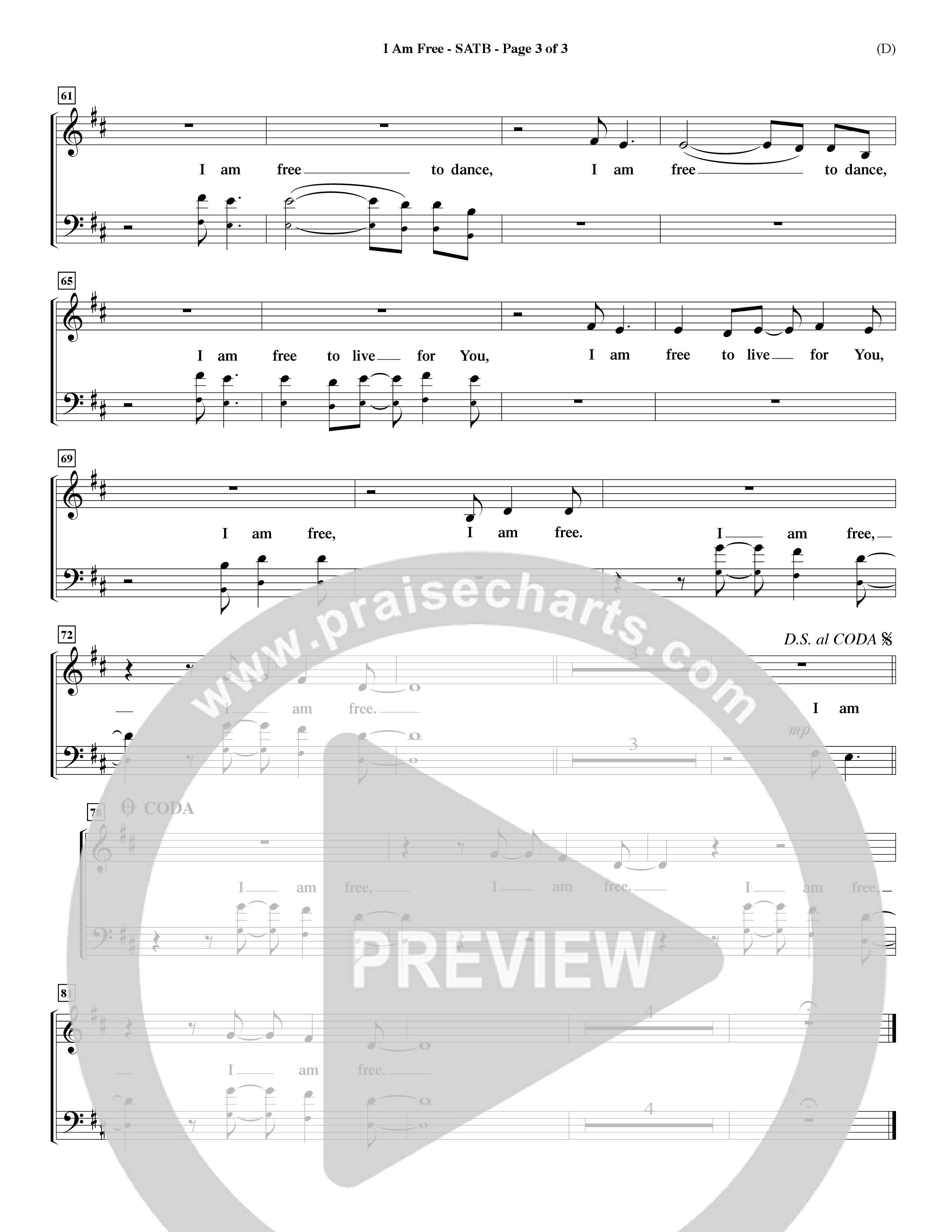 I Am Free (Choral Anthem SATB) Choir Sheet (SATB) (Word Music Choral / Orch. Dave Williamson)