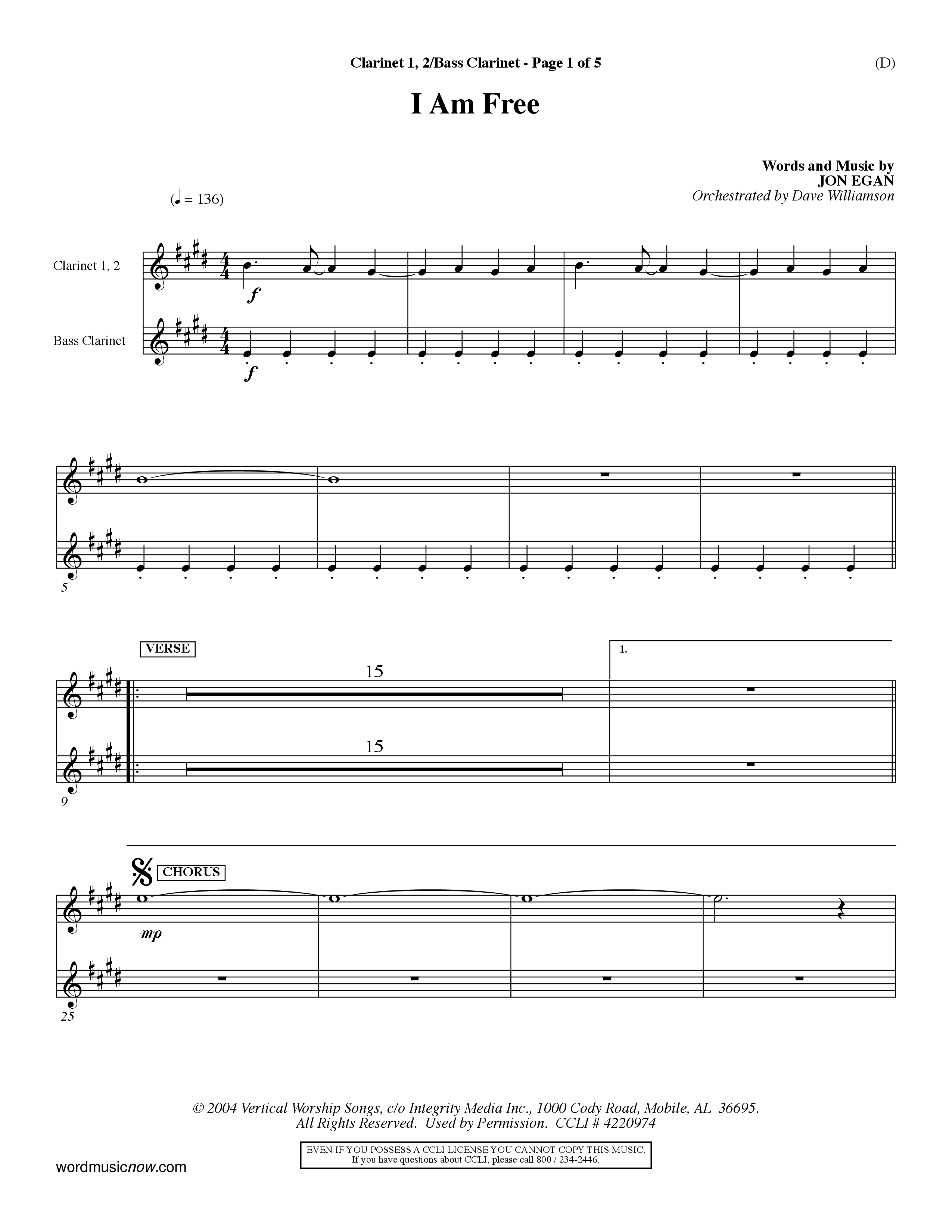 I Am Free (Choral Anthem SATB) Clarinet 1/2, Bass Clarinet (Word Music Choral / Orch. Dave Williamson)